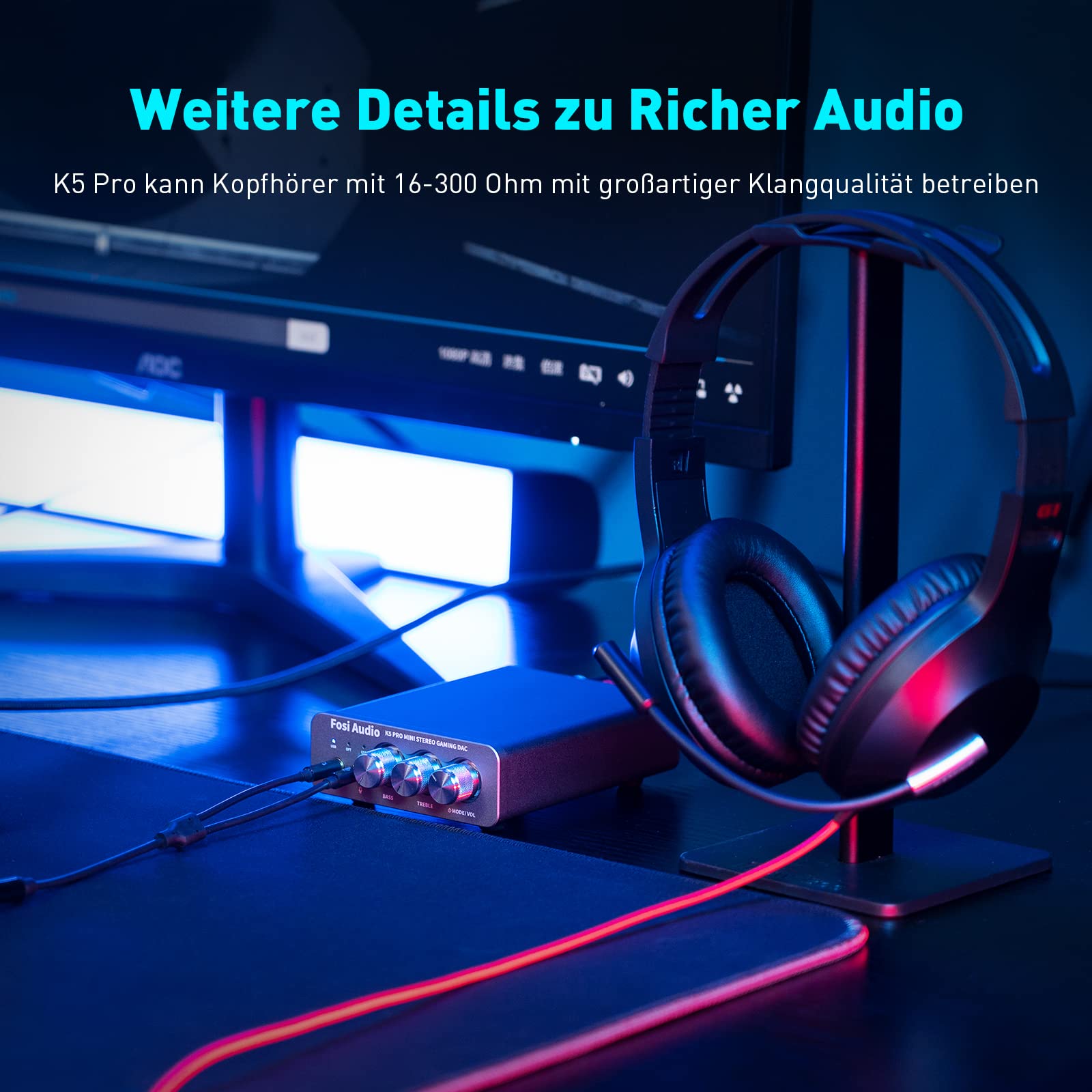 Fosi Audio K5 Pro Kopfhörerverstärker, USB C DAC Verstärker Kopfhörer HiFi, USB/Optisch/Koaxial/Mikrofon Eingänge auf 3,5 mm AUX/RCA Ausgang, Gaming DAC AMP Hi-Res für PS5/ PC/MAC/Aktive Lautsprecher
