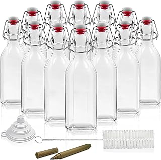Nevlers 8.5 Oz Square Swing Top Glass Bottles | 12 Pack Flip Top Glass Bottle Set | Swing Top Bottles for Kombucha , Beer, Limoncello | Glass Bottles with Swing Top Lids Includes Brush, Funnel, Marker