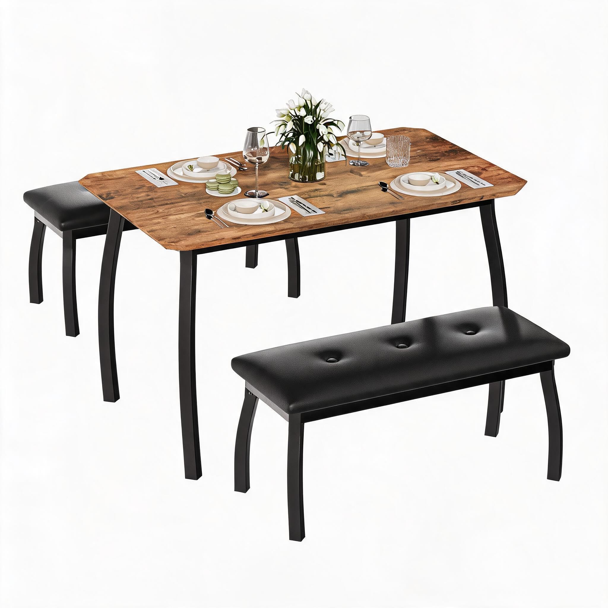 Set di 3 pezzi con tavolo da pranzo salvaspazio per 4 persone, con panca imbottita, moderno, rettangolare, in legno, tavolo e 2 comode panche in pelle PU, per sala da pranzo, cucina, bar, ristorante
