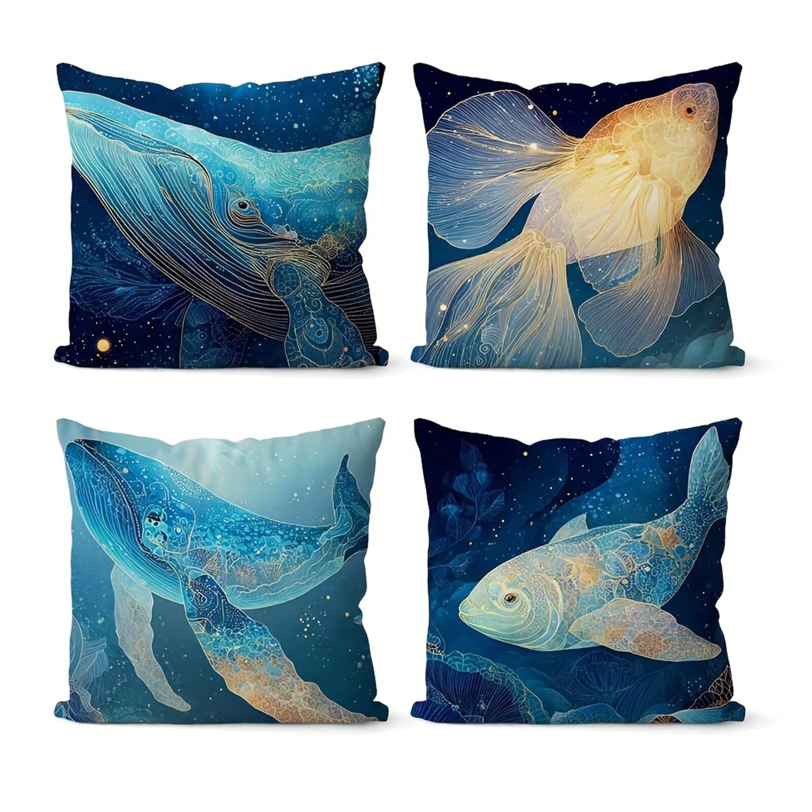 Heaen Outdoor Cushions Covers Waterproof 35x35 cm Set of 4 Square Linen Pillow Cases Blue Whale Decorative Dushions for Sofa Porch Patio Home Decor