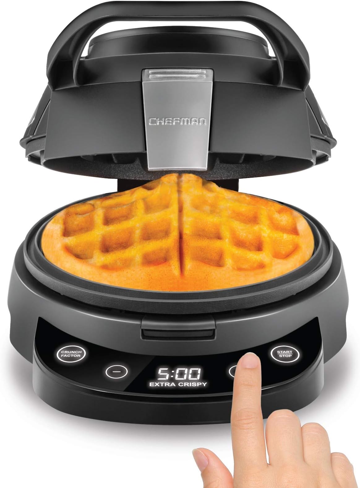 Chefman Perfect Pour Volcano Belgian Waffle Maker, Round Non-Stick & Anti-Leak Iron, Mess-Free Breakfast, Programmable Presets & Digital Touchscreen Display, Cleaning Tool & Measuring Cup Included