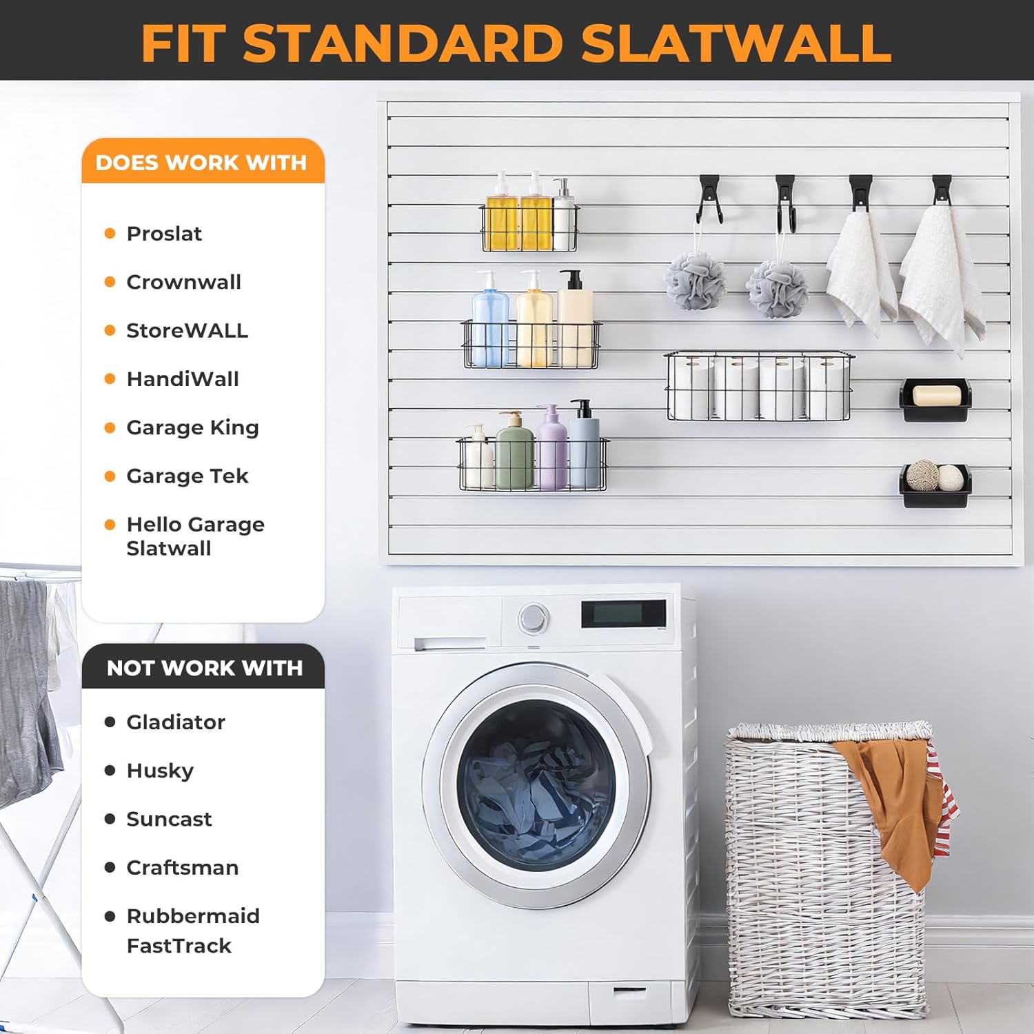 33PCS Slatwall Accessories Set with 4 Metal Slatwall Baskets, 2 Plastic Slatwall Bins, 27 PCS Slatwall Hooks, Heavy Duty Slat Wall Baskets and Bins for Garage Organization Workshop Storage