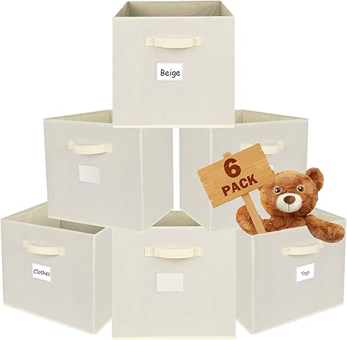 SimpliBins Paquete de 6 cubos de almacenamiento de 13 x 13 x 13 pulgadas, plegables de tela con asa de tela, cajas de almacenamiento cubicas simples