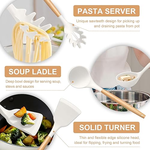 Miniatura 4 de TeamFar Juego de utensilios de cocina, 12 piezas de utensilios de cocina de silicona para utensilios de cocina antiadherentes con mango de madera,