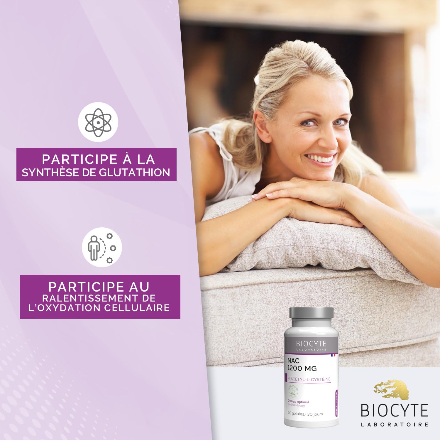 BIOCYTE NAC 1200 mg Dosage Optimal - Anti-oxydant, Synthèse du Gluthation - N-acétyl L-cystéine 1200 mg - Complément alimentaire 60 gélules - Végétalien, Fabriqué en France