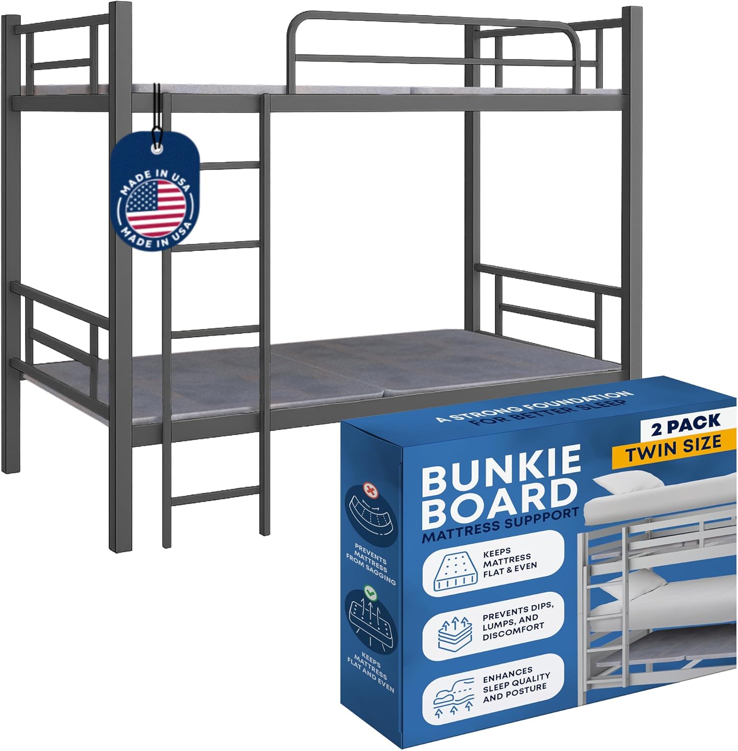Greaton, Premium 38mm Split Wood Bunkie Board Twin Size Bed Frames - 2-Piece Under Mattress Support Board, Fully Assembled, Fabric Ventilation Cover - Replaces Wooden Slats or Box Spring(Pack of 2)