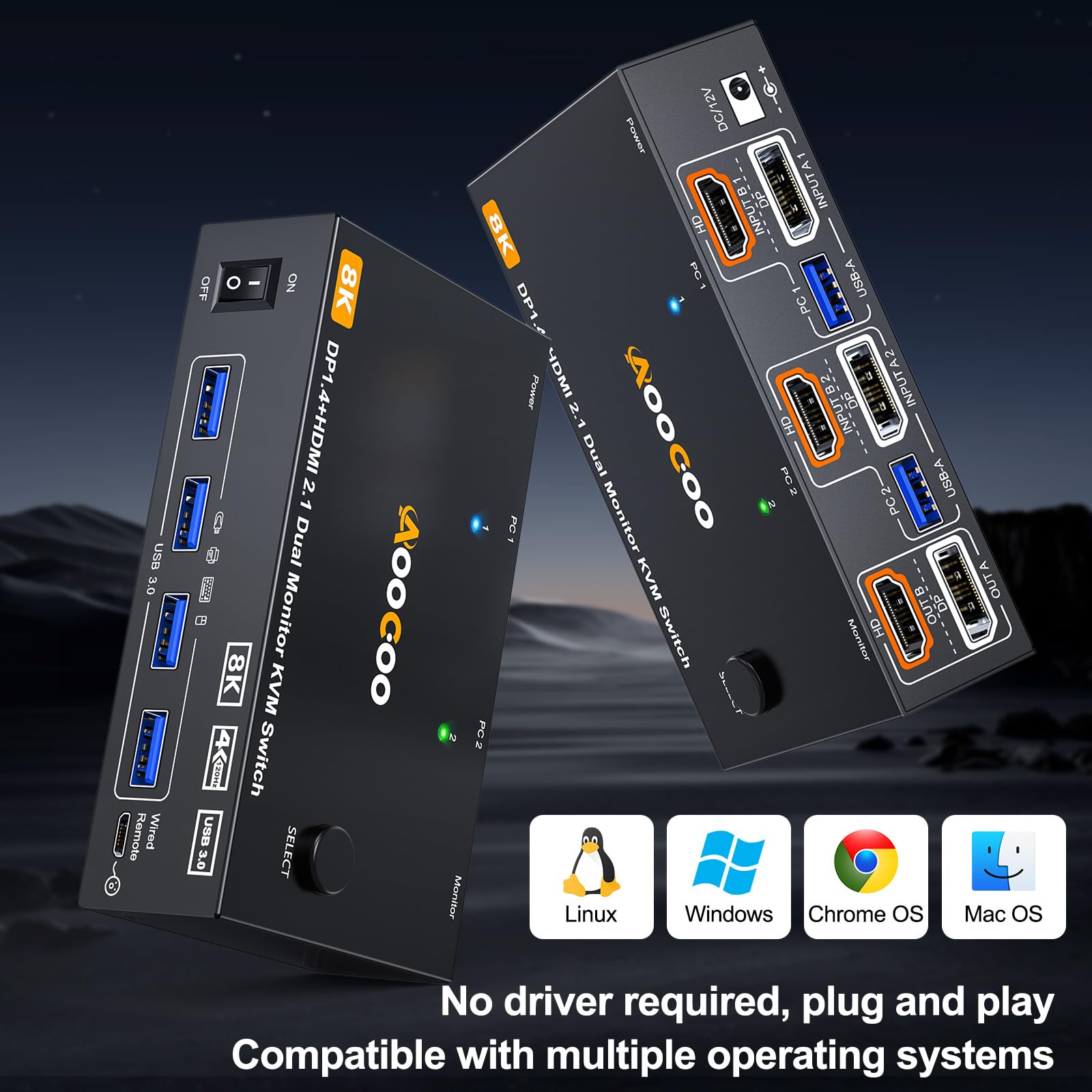 KVM Switch HDMI DP 8K@60Hz/4K@144Hz, HDMI DP KVM Switch für 2 Computer 2 Monitore und 4 USB3.0-Geräte teilen, Kabelfernbedienung und USB-Kabel im Lieferumfang enthalten