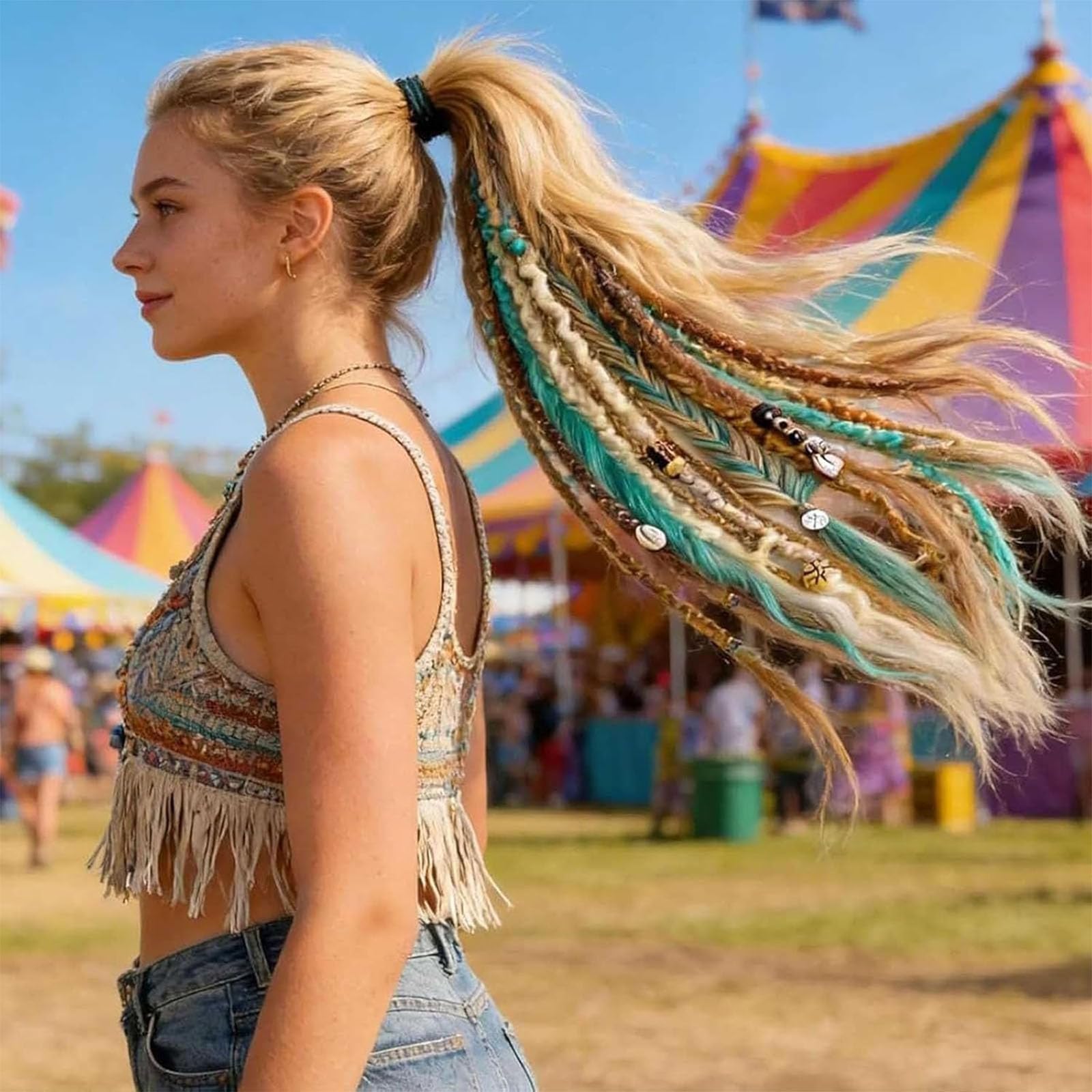 Queue de cheval élastique Salty, extension de cheveux dreadlocks bohème avec perles, coquillages et breloques. Fixation facile en 1 minute par clip. Idéale pour les festivals (A)