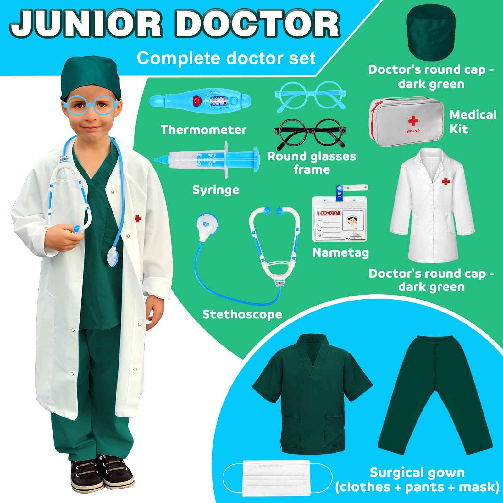 costume da medico, Costume Dottore Bambino Halloween per Bambini dai 3 Anni, stetoscopio, top chirurgico e pantaloni, Kit Dottore Medico Gioco Dottore Costume Carnevale Halloween per Bambini