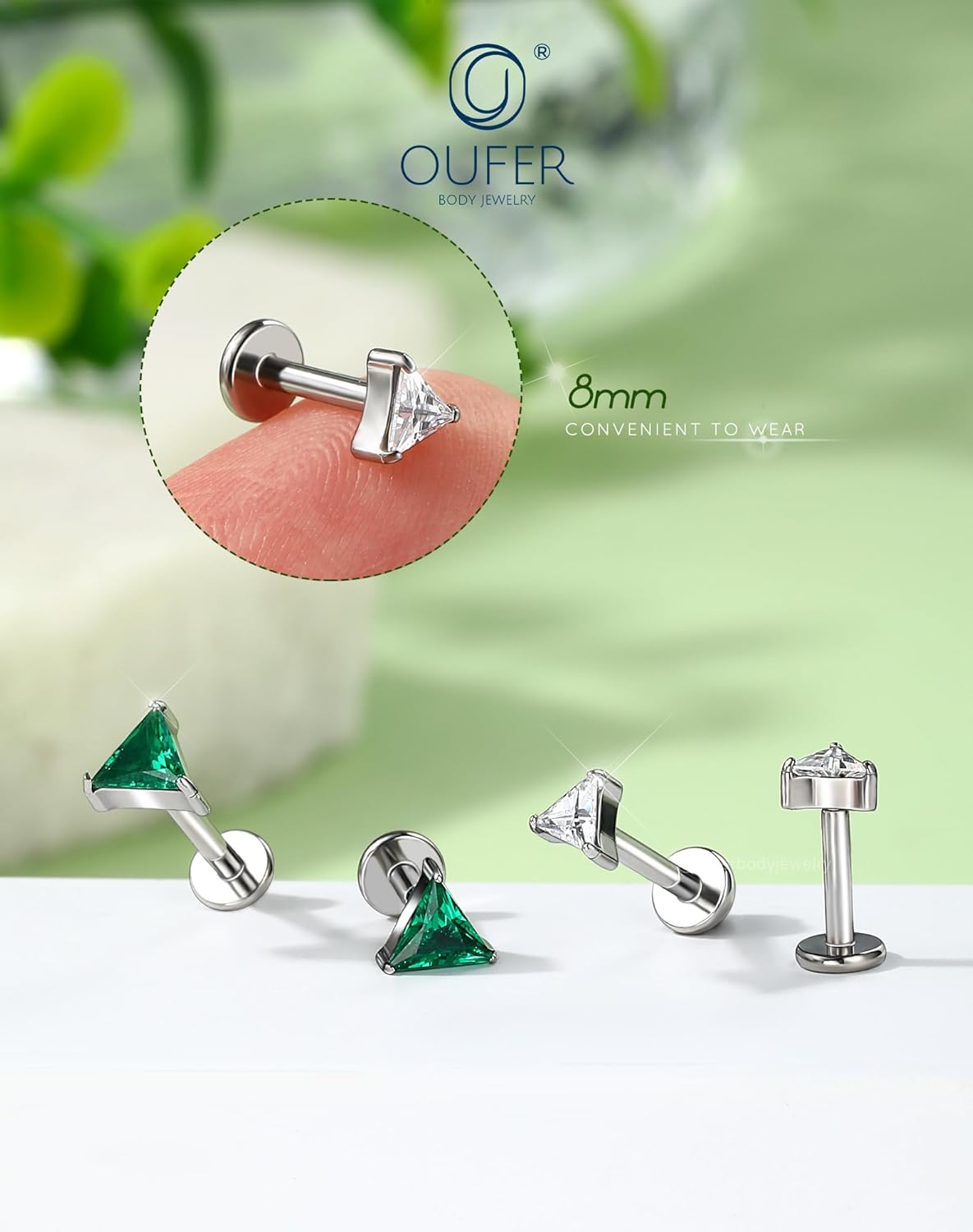 OUFER 16G Helix Piercing Jewelry, 316L Stainless Steel Forward Helix Earrings, Triangle Clear CZ Flat Back Labret Lip Piercing, Push Pin Cartilage Tragus Earrings For Women Men - Image 5