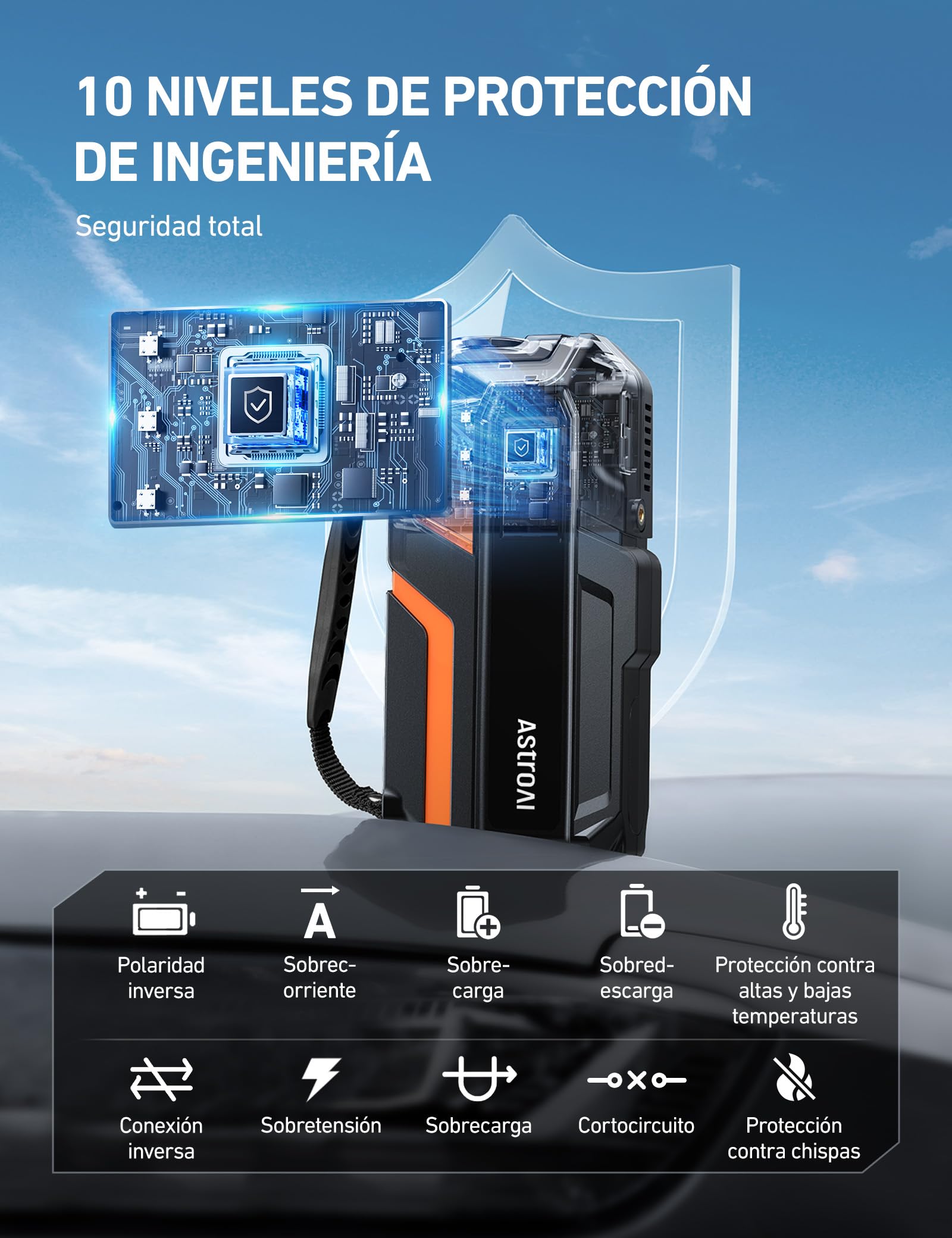 AstroAI MF16 Arrancador de Baterias de Coche de 8000 A con compresor de 150 PSI, Booster Bateria Portatil (para 12L Disésel o Todo Gas), Jump Starter con Protección Inteligente con Luz LED y Pantalla