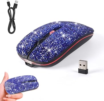 Cute Bling Wireless Bluetooth Mouse - Rechargeable Slim Mouse with LED Lights for Office and Home Use, Perfect for Girls and Professionals Blue