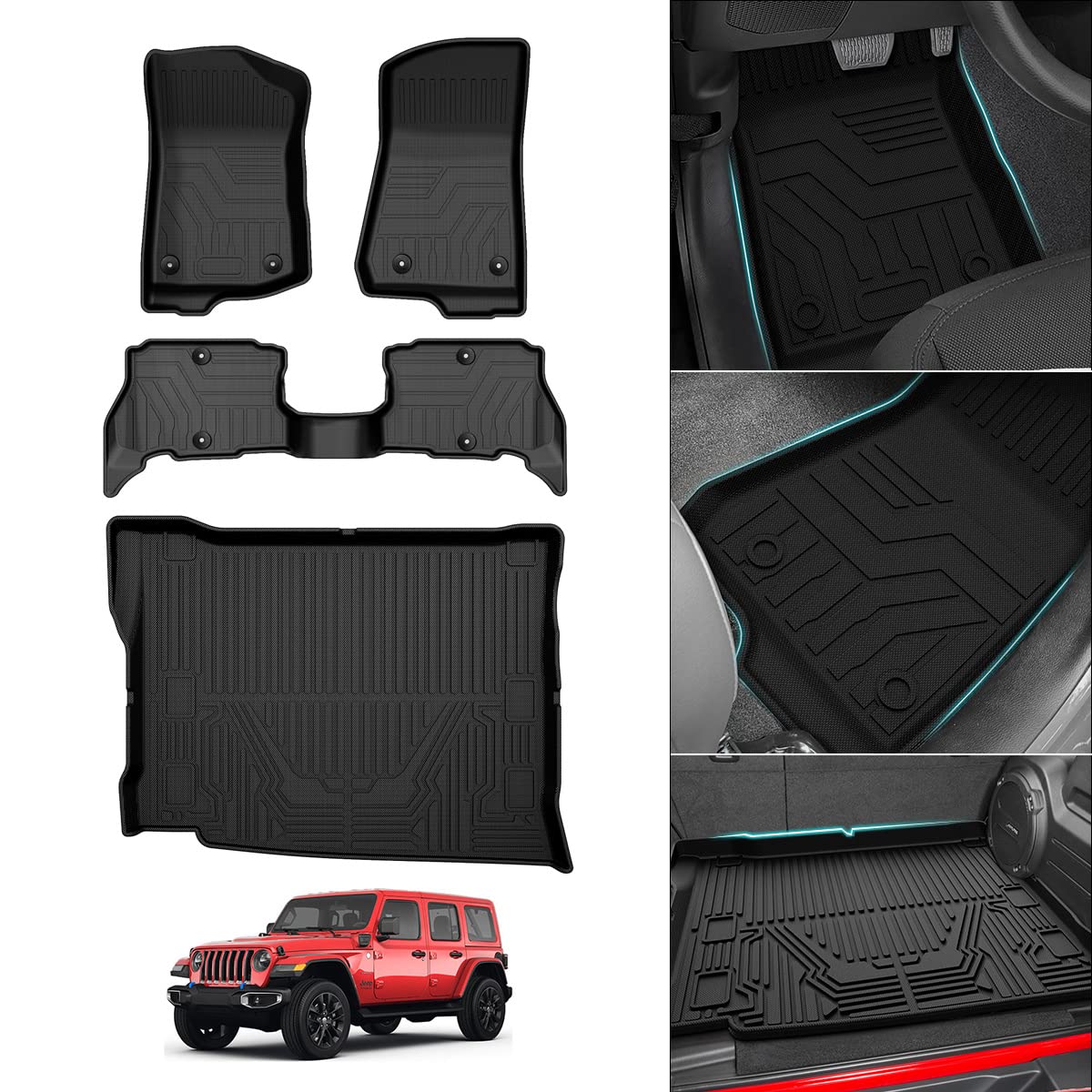 Photo 1 of Mixsuper Floor Mats and Cargo Liner for 2021-2023 Jeep Wrangler 4XE (Not for 2 Door/JL Unlimited Models) Custom Fit All Weather 2 Row Floor Liners and Trunk Mats Set Black