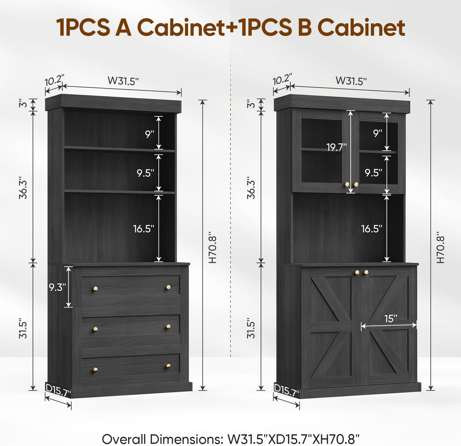 71" Black Farmhouse Kitchen Pantry Cabinet Set of 3— Freestanding Coffee Bar with Glass Doors or Drawers, Microwave Stand, Large Storage Hutch with Adjustable Shelves for Living Room and Kitchen