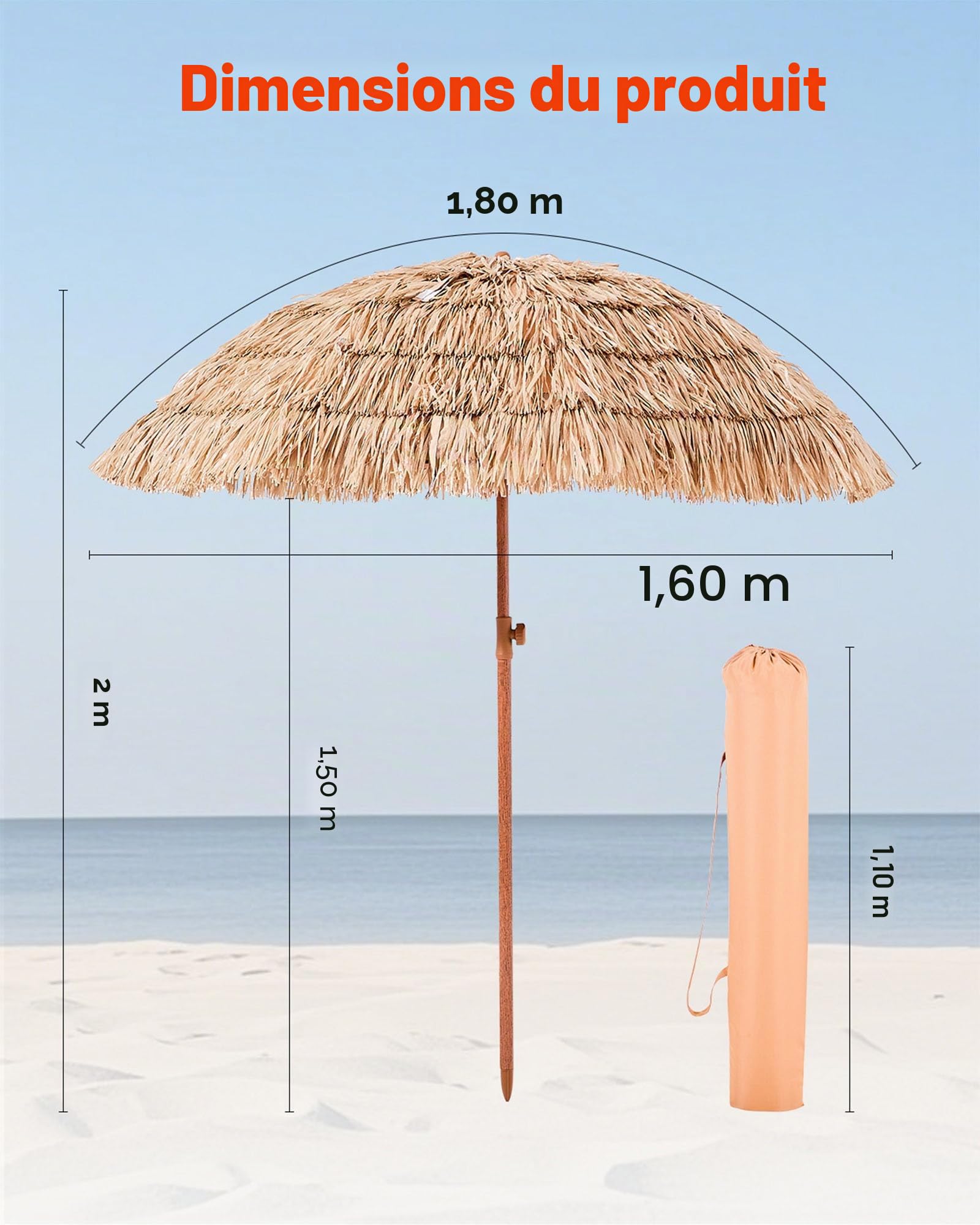 VEVOR Parasol Hawaïen, 2 m Parasol Exotique Inclinable avec Toit Chaume PP, 8 Baleines Métalliques, Protection Solaire Extérieure Flexible pour Plage, Terrasse, Bord de Piscine, Jardin, Arrière-cour