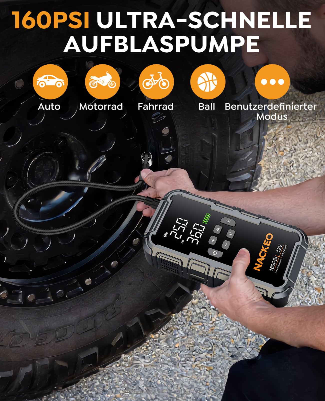 8000A Starthilfe Powerbank für Pkw mit Kompressor (160PSI), 12V Auto Starthilfe Powerbank für Benzin & bis 12L Diesel, tragbarer Jump Starter mit 600LM LED-Licht, Starthilfekabeln & großem LCD-Display