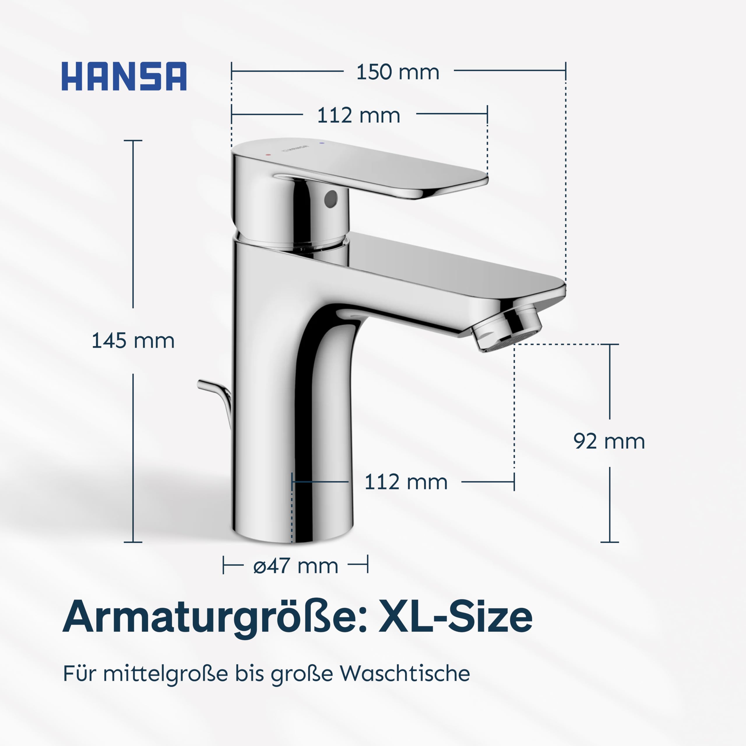 HANSA BASIC XL Waschtischarmatur I Einhebelmischer Waschbecken mit Temperatur & Mengenbegrenzer | XL-Size für mittelgroße bis große Bäder | Ablaufgarnitur mit Zugstange | Wasserhahn Badezimmer | Chrom