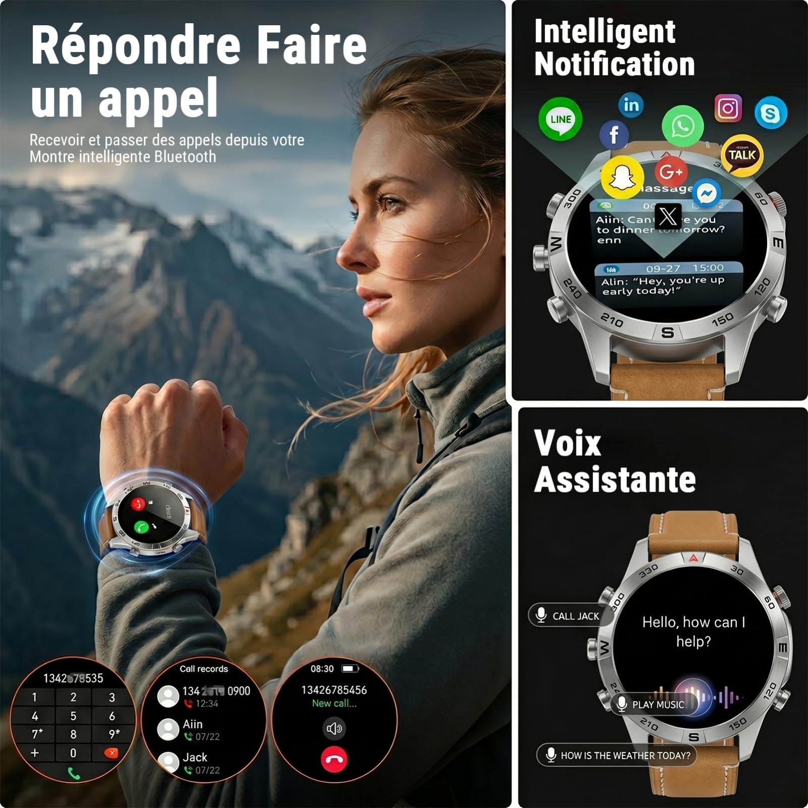 GPS Montre Connectée Homme, AMOLED Écran Tactile 1,43 Pouces Montre Sport G7, Appels Bluetooth, Cartes Hors Ligne, 100+ Modes Sportifs, Boussole, Étanche 5 ATM pour iOS/Android (Cuir Marron)
