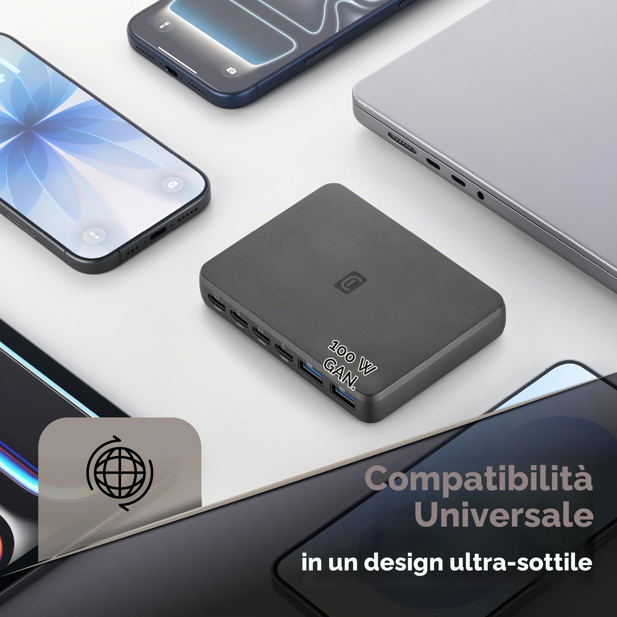 Cellularline stazione di ricarica da scrivania Power Lite da 100 W con 6 porte, tra cui 4 USB-C e 2 USB-A, con tecnologia GaN+ per smartphone, tablet e laptop, nero