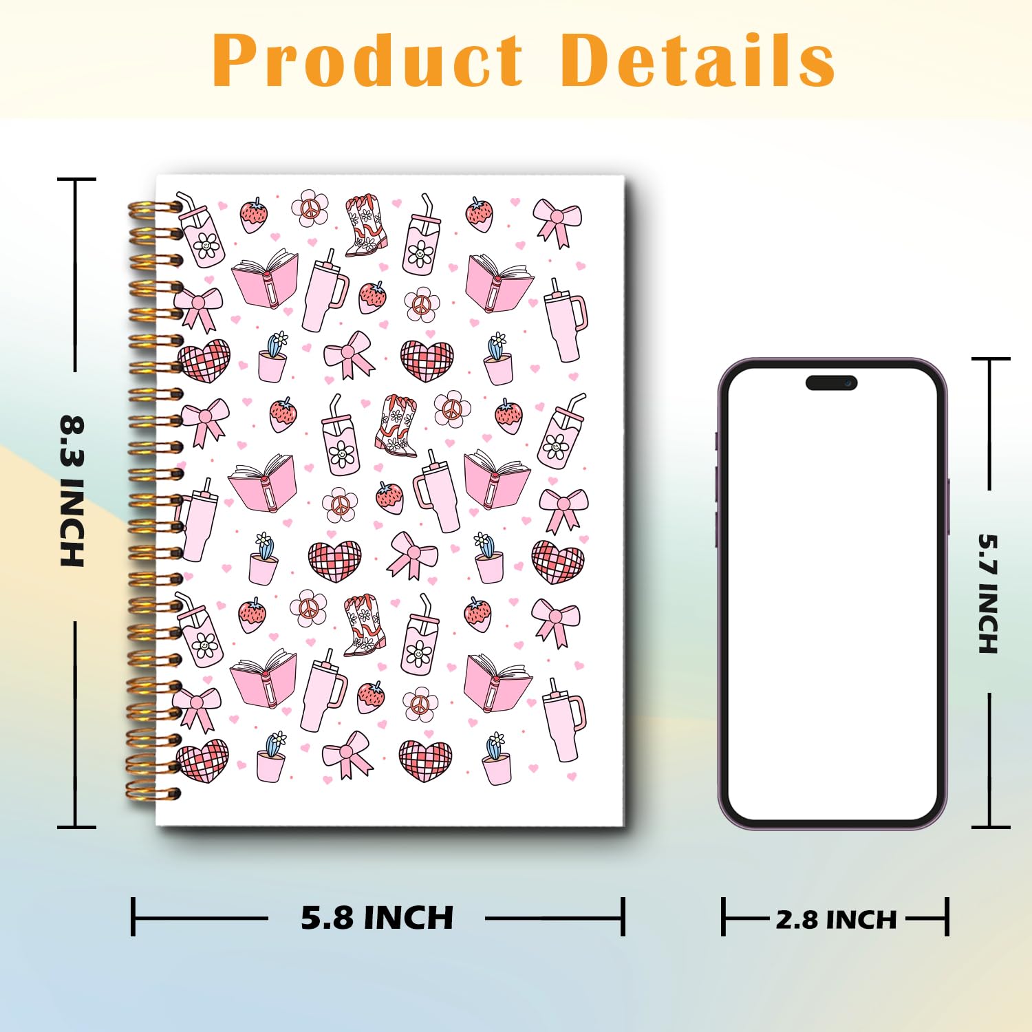 JINYO Taccuino carino da ragazza, Coquette Pink Bow Strawberry Journal, diario estetico preppy per donne, forniture per ufficio Coquette Girly, quaderni a spirale preppy da 14 x 20 cm