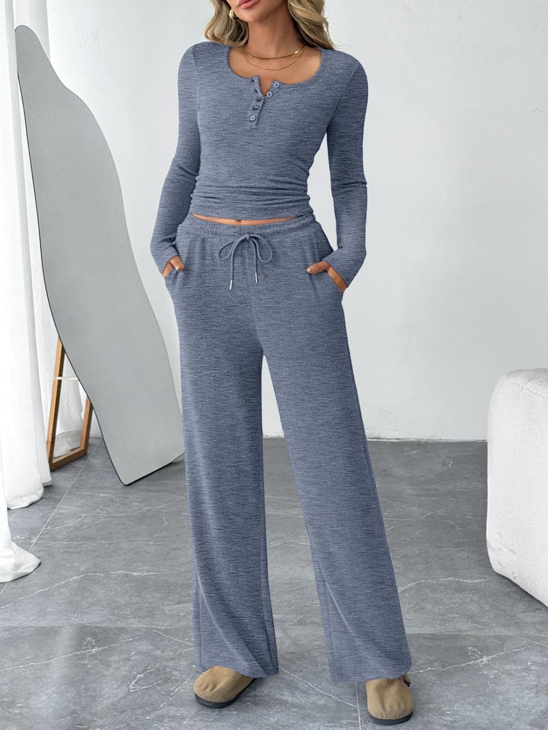 Trendy Queen Women's 2 Piece Matching Lounge Sets Fall Fashion Outfits Henley Neck Sweater Top Wide Leg Pants Sweat Suits - Image 2