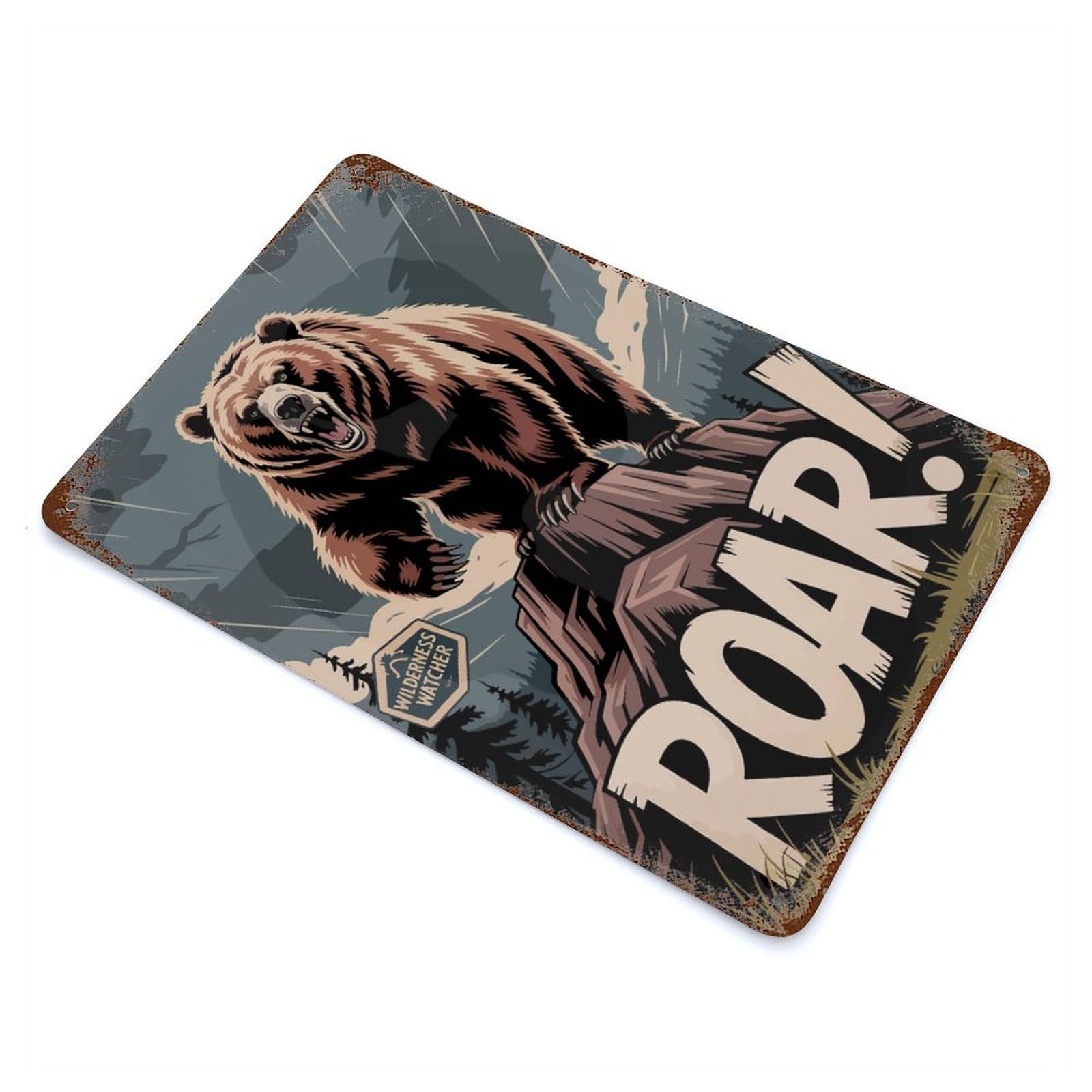 Roaring Bear Wilderness Watcher Weathered Tin Sign 11.8"x7.9", Ideal for Shed, Workshop And Garage Wall Decor