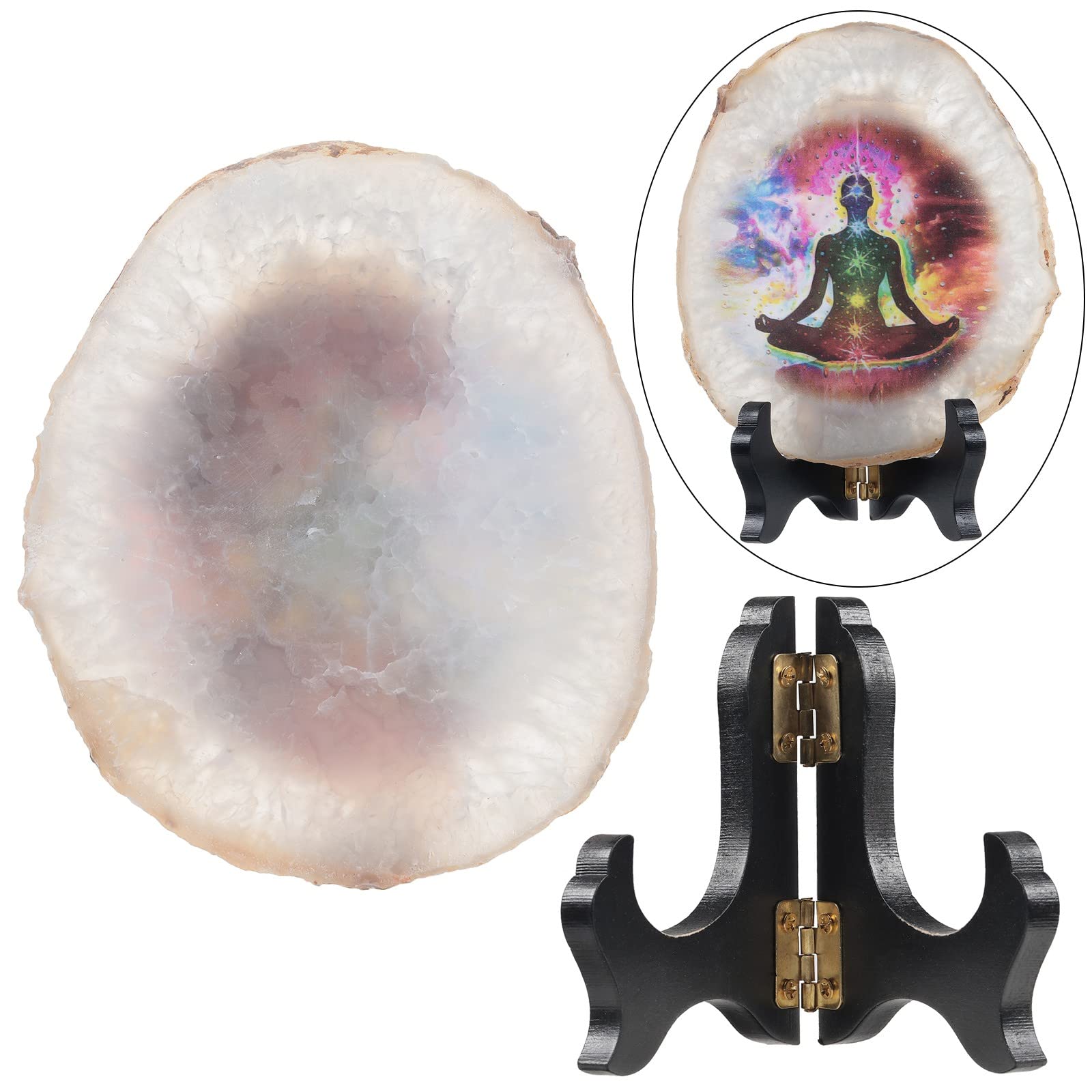 KYEYGWO Natural Irregular Agate Slice 7 Chakra Painting Decor with Wooden Stand Reiki Stone Feng Shui Decoration for Home and Office 7 Chakra - Image 2