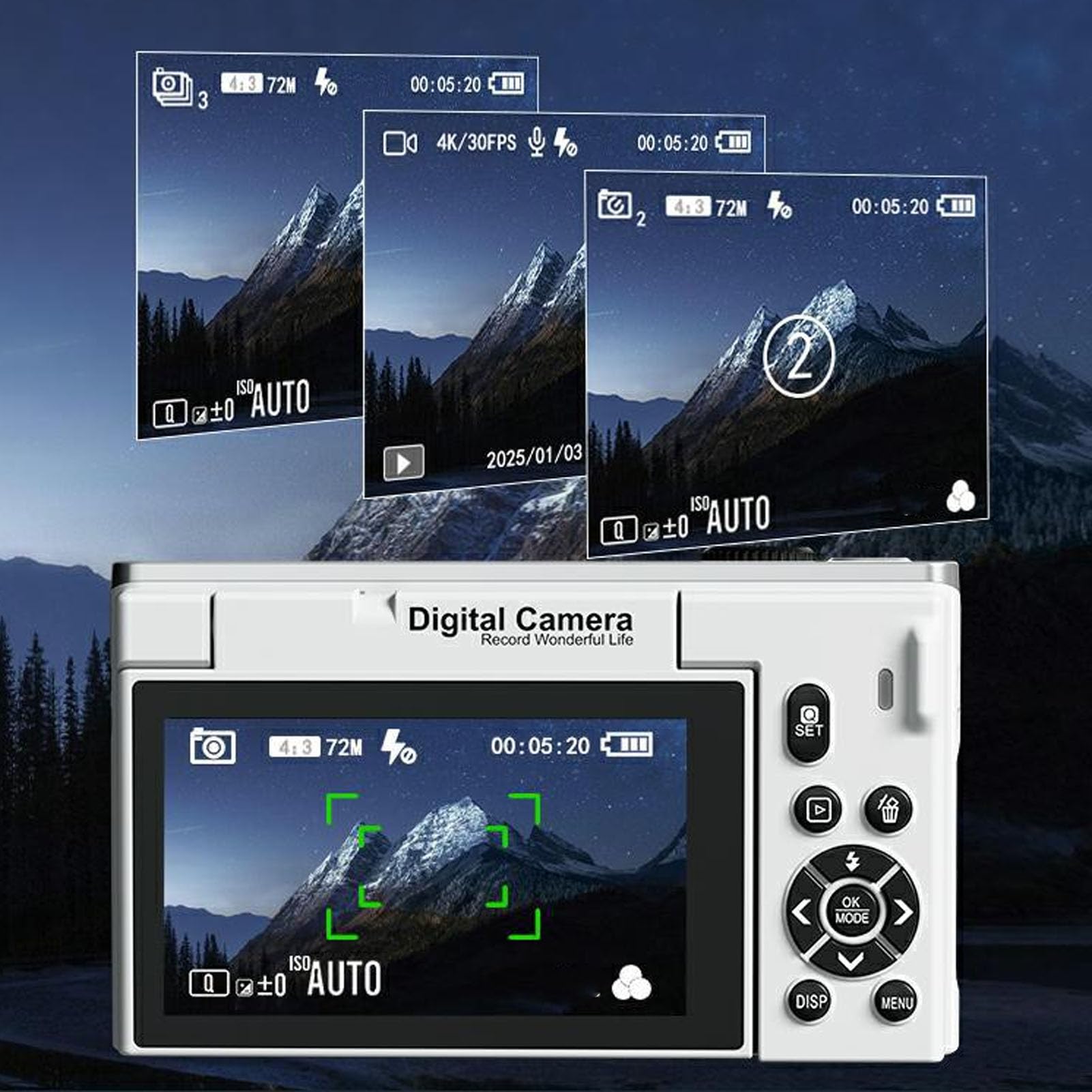 Dpofirs Fotocamera Digitale 4K, Fotocamera Mirrorless WiFi con Zoom 18X con Schermo Ribaltabile da 3 Pollici, Videocamera retrò da 75 MP Versatile per Ritratti Paesaggistici da Viaggio (White)