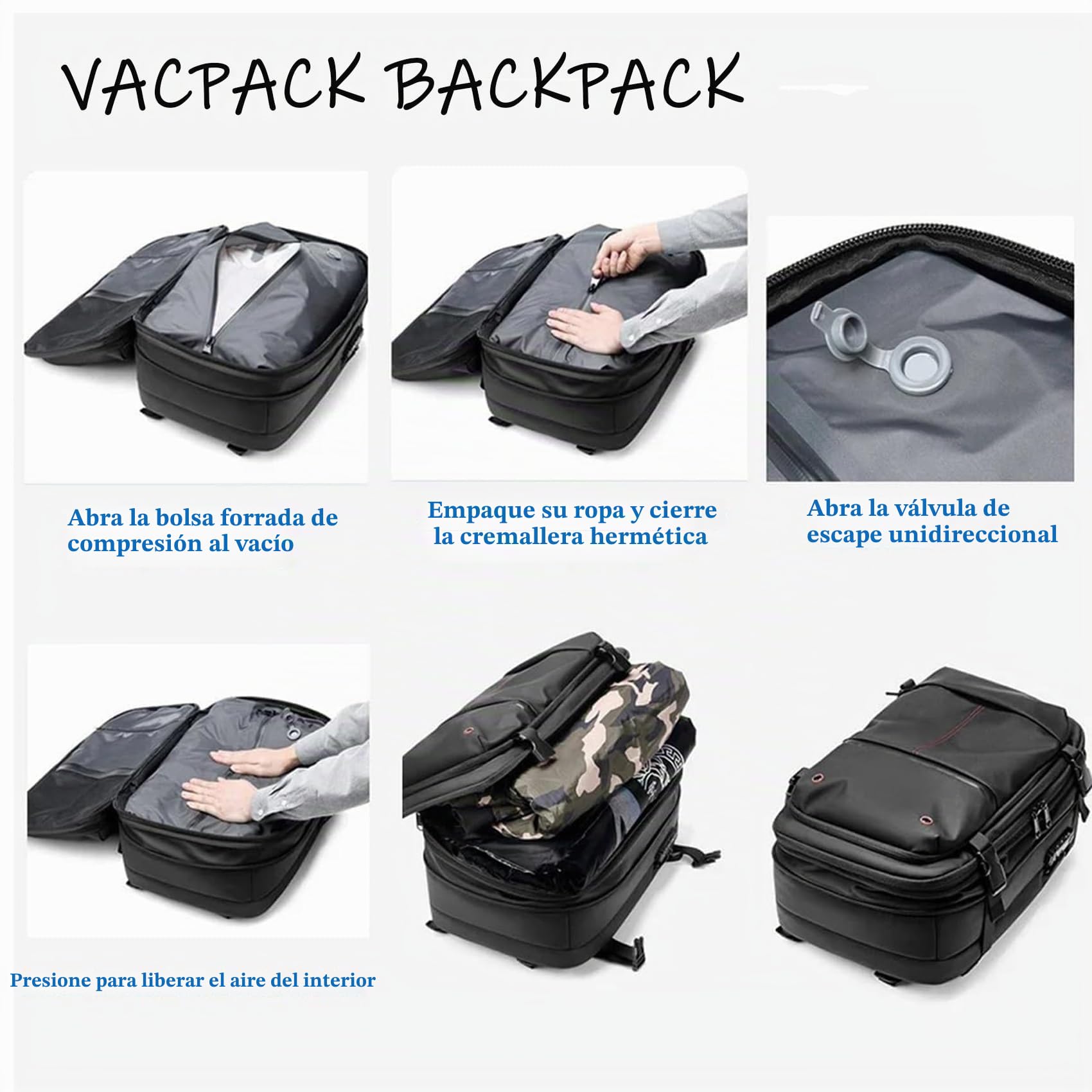 Vacpack Mochila de 60 L con compresión al vacío, mochila de viaje con sistema de vacío, impermeable y antirrobo
