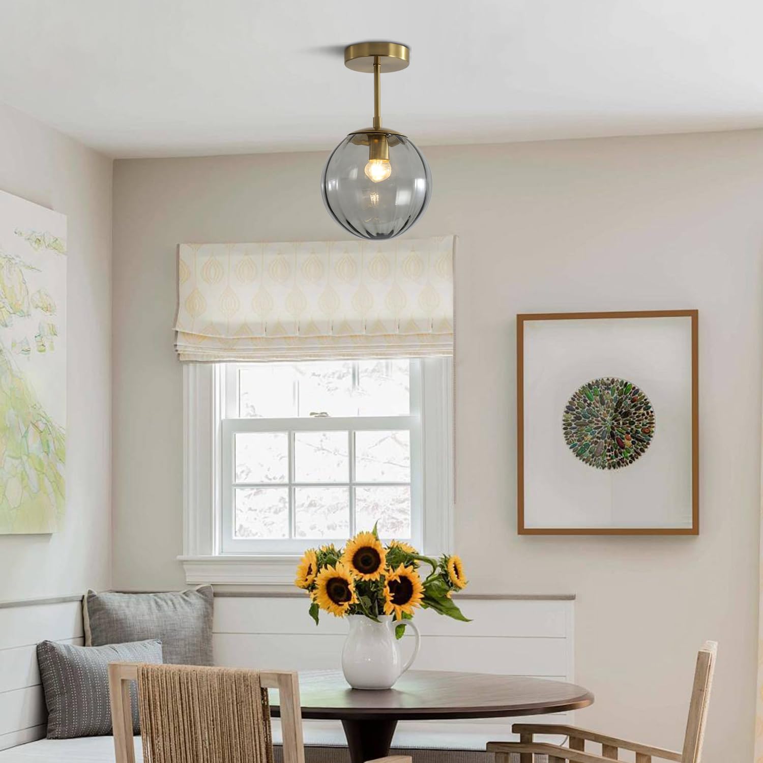 KCO Lighting Gold Globe Flush Mount Ceiling Light Vintage Smoke Glass Ceiling Lighting Small Hallway Ceiling Light Fixtures Mid Century Bathroom Ceiling Lights