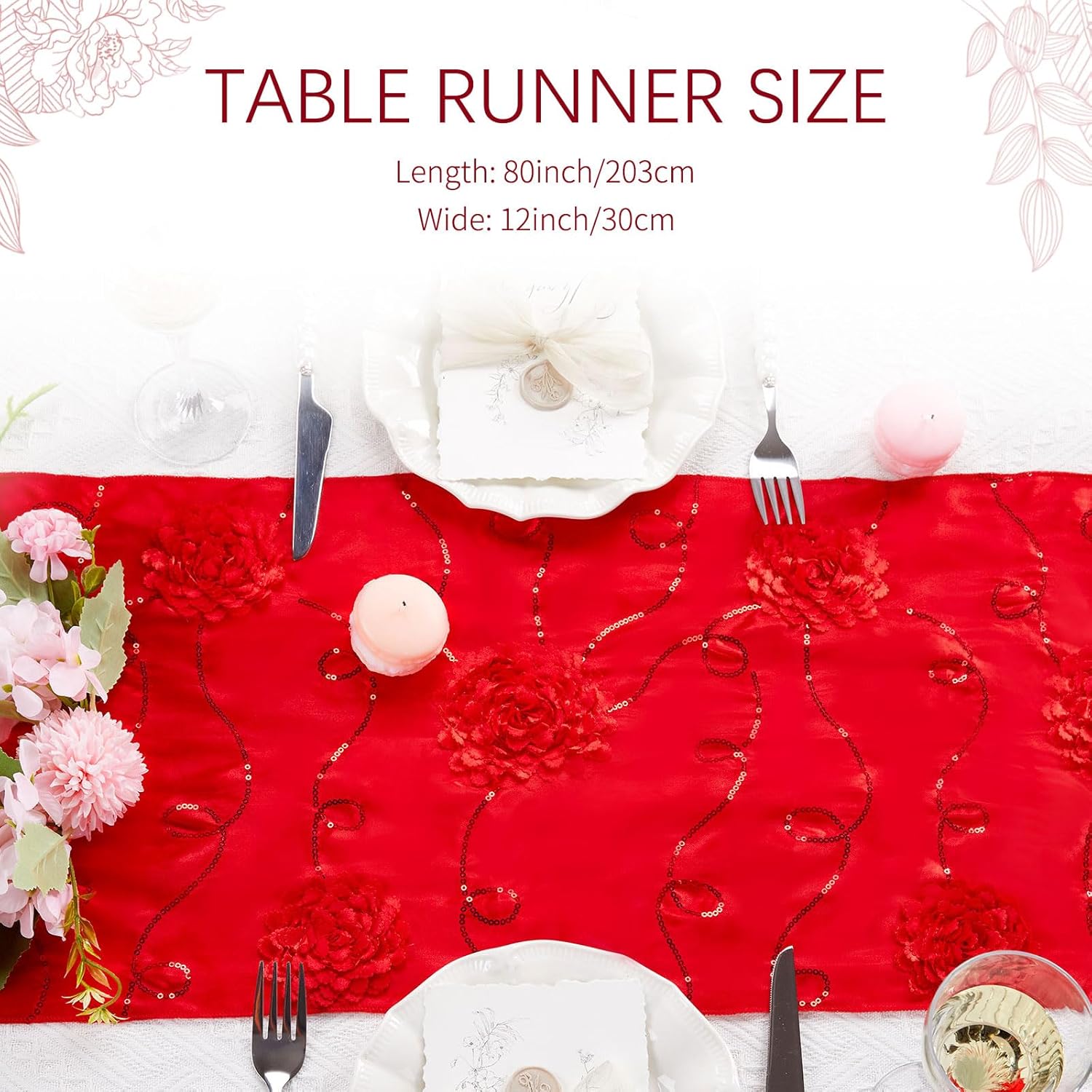 Red Table Runner 3 Pack Sequin Satin Dahlia Flowers Blossom Spring Table Runners 12x80 Inch for Wedding Anniversary Birthday Decoration Home Party Kitchen Dining Table Decor
