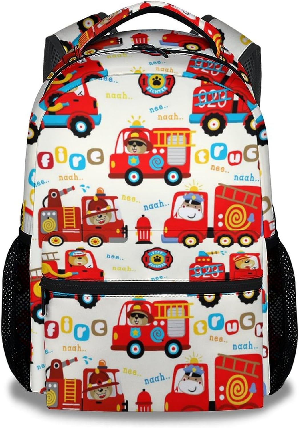 Personalized Fire Truck School Backpack for Boys, 16 Inch White Backpacks for Kids Age 8-10, Cute Lightweight Bookbag for Travel