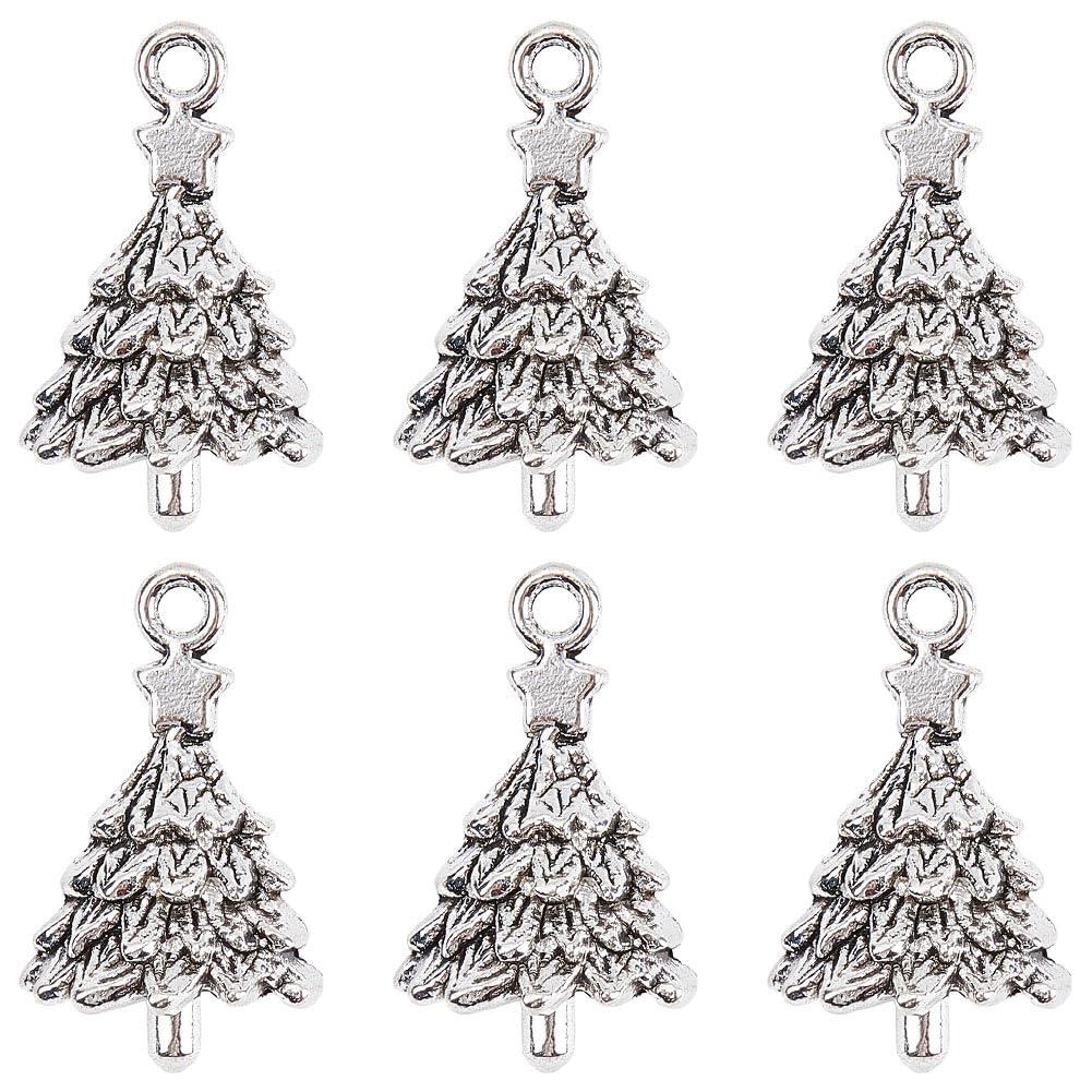 SUNNYCLUE 60Pcs Christmas Tree Charms - Bulk Winter 3D Themed Tibet Style Alloy Trees Charms for Jewellery Making, DIY Craft, Party Decor