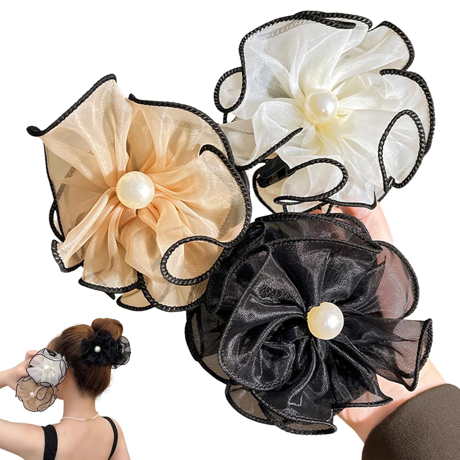 3 Pack Korean UltraPretty Mesh Flower Hair Clip, Pearl