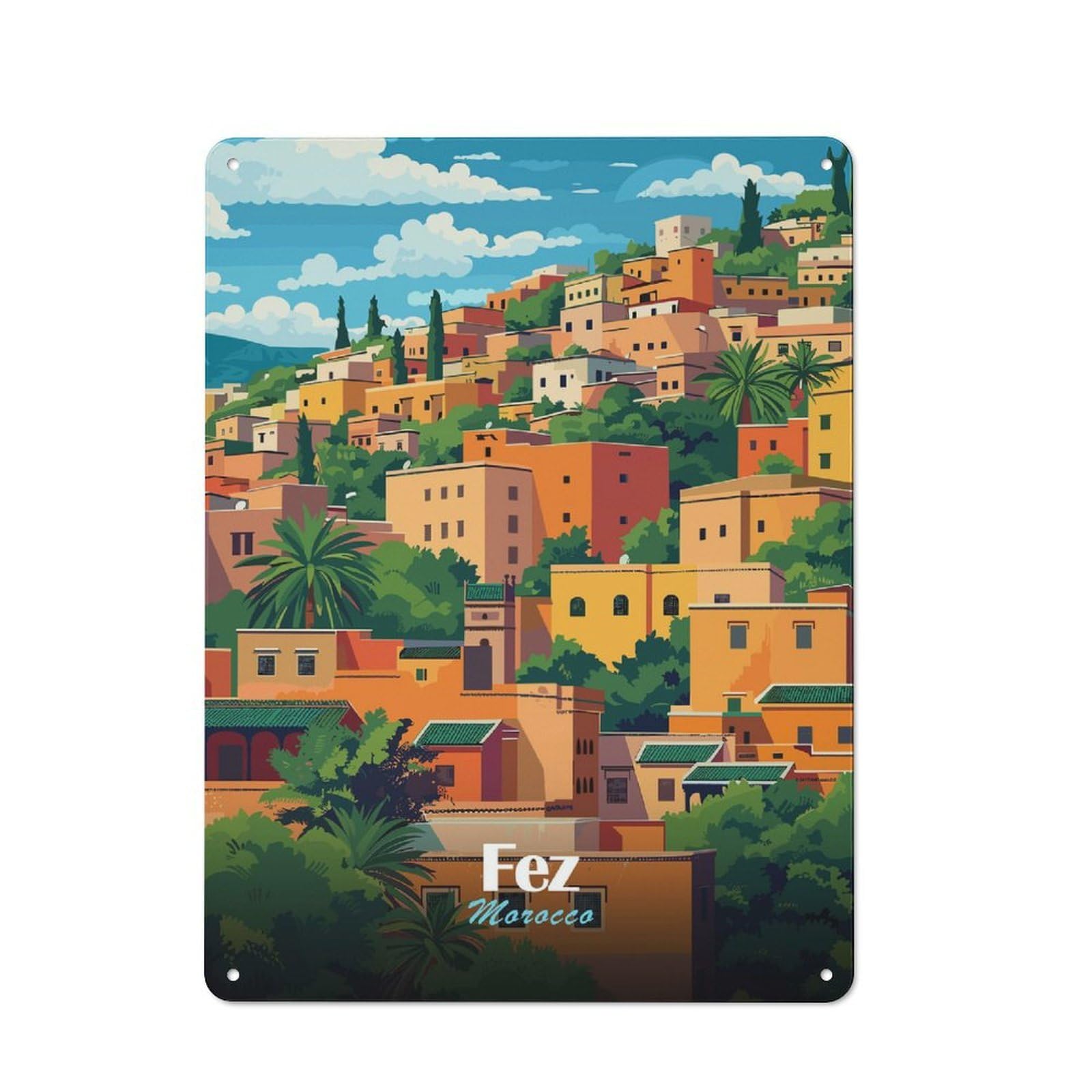 Junmoney Fez, Morocco Cityscape Illustration Rustic Metal Wall Decor 40X30cm, Rustic Metal Sign For Farmhouse Kitchen, Pantry Or Dining Area