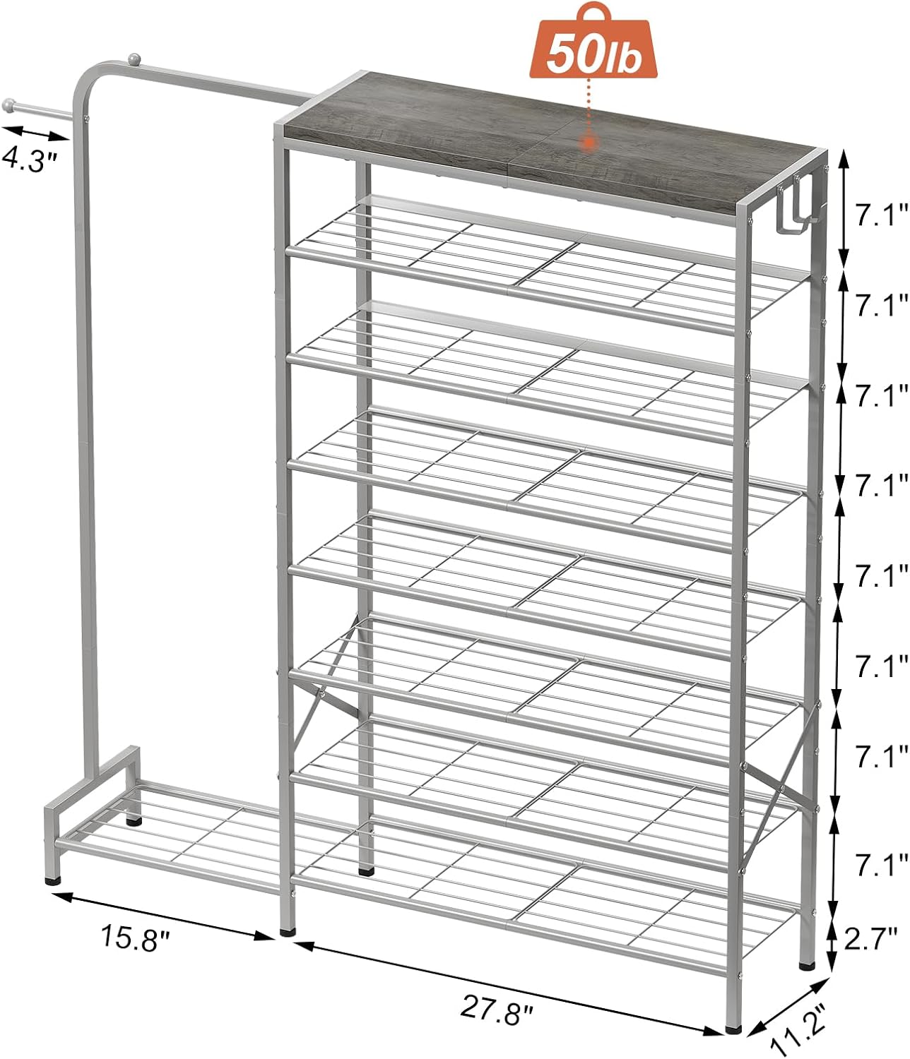 Shoe Rack with Coat Rack, 8 Tier Tall Shoe Storage Organizer with Hooks, 3-in-1, Wooden Top Shelf, Sturdy Frame, Metal Clothes Hanger Stand for Entryway, Closet, Silver