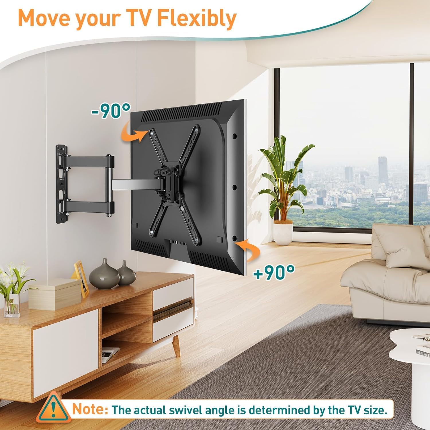 Image showing a TV mounted on the wall with the ELIVED EV1033 mount, demonstrating a +/-90 degree swivel capability.