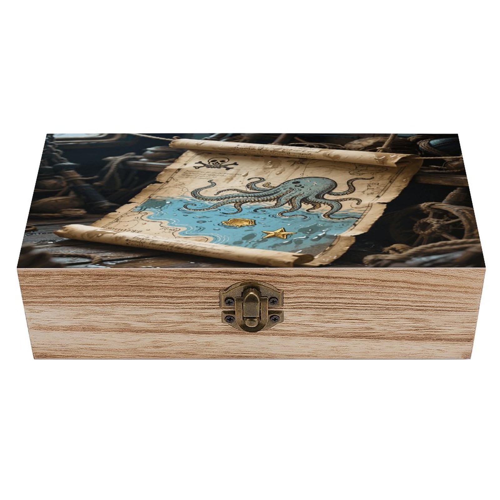 VstaDank Pirate Map Wooden Storage Box Decorative Jewelry Case with Lids Exquisite Wood Box Letters Gifts Acacia Wood Boxes Fashion Wooden Keepsake Boxes for Men Women