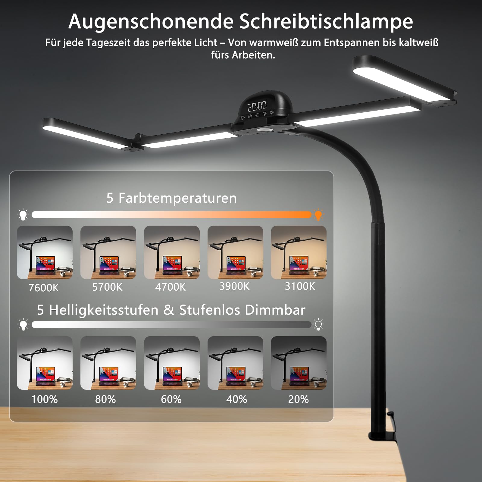 Bludrfnly LED-bureaulamp met RGB, 120 cm monitorlamp klembaar dimbaar, daglichtlamp met bewegingssensor, lichtsensor, afstandsbediening, klok, voor kantoor, lezen, architecten, snaaiers Bludrfnly LED-bureaulamp met RGB, 120 cm monitorlamp klembaar dimbaar, daglichtlamp met bewegingssensor, lichtsensor, afstandsbediening, klok, voor kantoor, lezen, architecten, snaaiers