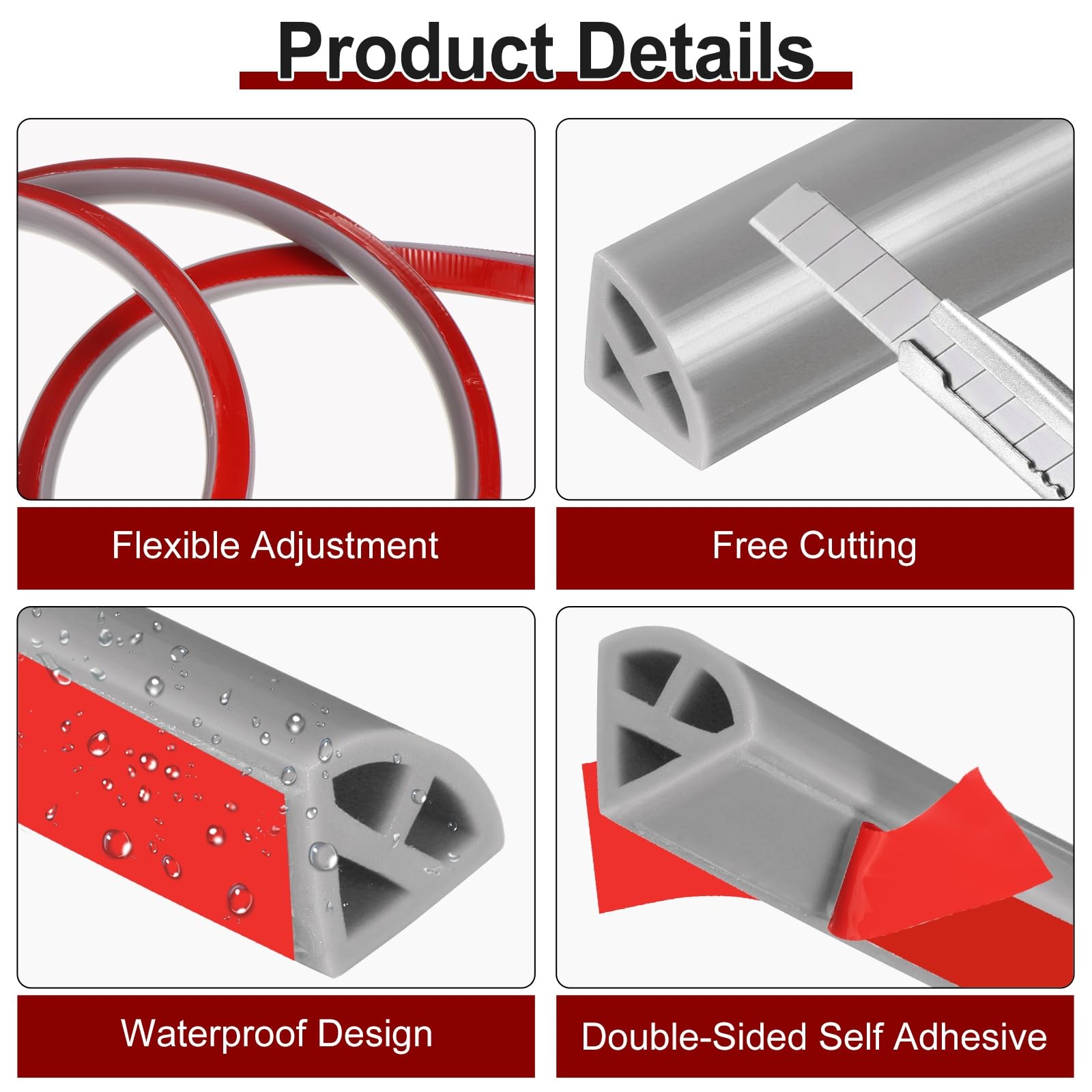sourcing map 39 Inch Flexible Quarter Round Molding, Flexible Molding Trim, Double-Sided Silicone Peel and Stick Trim Self-Adhesive Shower Water Barrier for Floor, Corner, Tub, Gray - Image 3