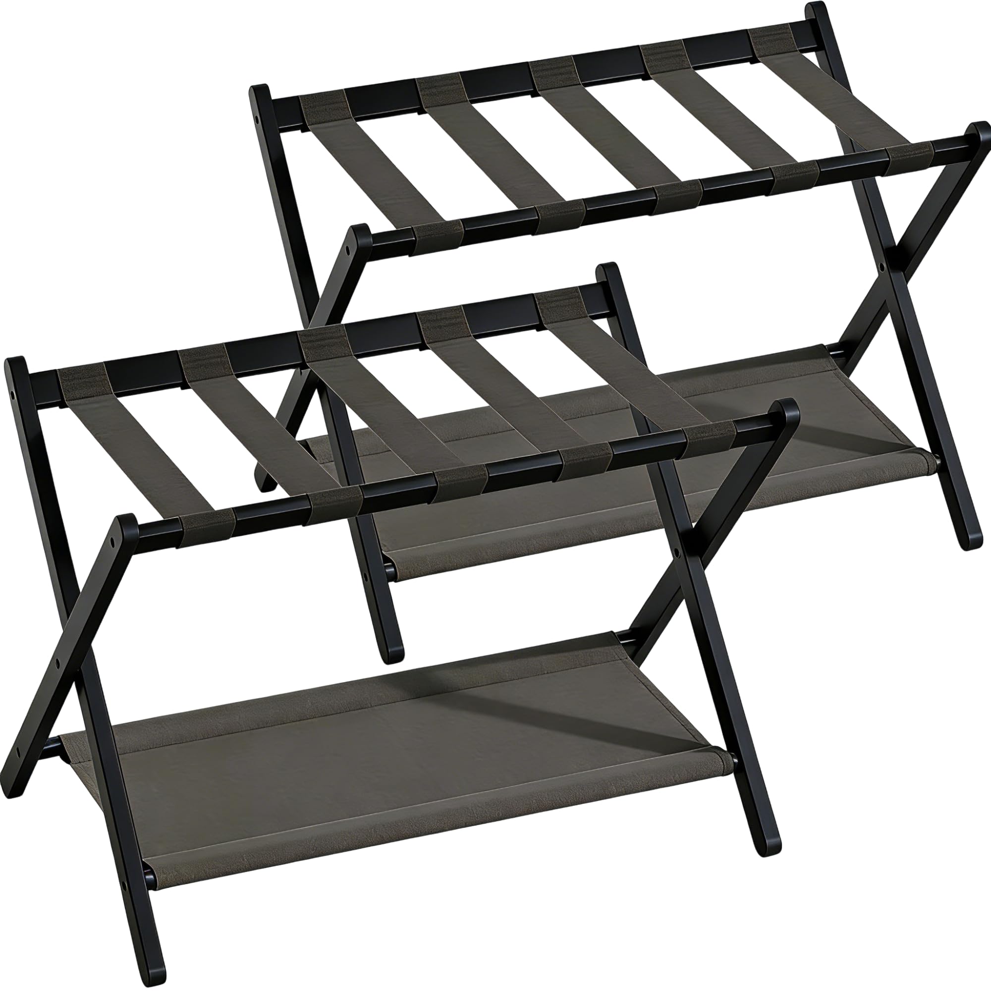 BAMBOOHOMIE Paquete de 2 portaequipajes de bambú para habitación de invitados, soporte plegable de 26.7 pulgadas con estante de almacenamiento de tela, soporte de equipaje grueso para dormitorio