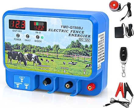 15.5J Electric Fence Charger, 15.5 Joules 600 Acres, AC DC 2 in 1 Powered Supply, Input 12V Output 12KV, with Display Remote and Alarm, Keep Out Predators, Contain Cattle Cow and Livestock