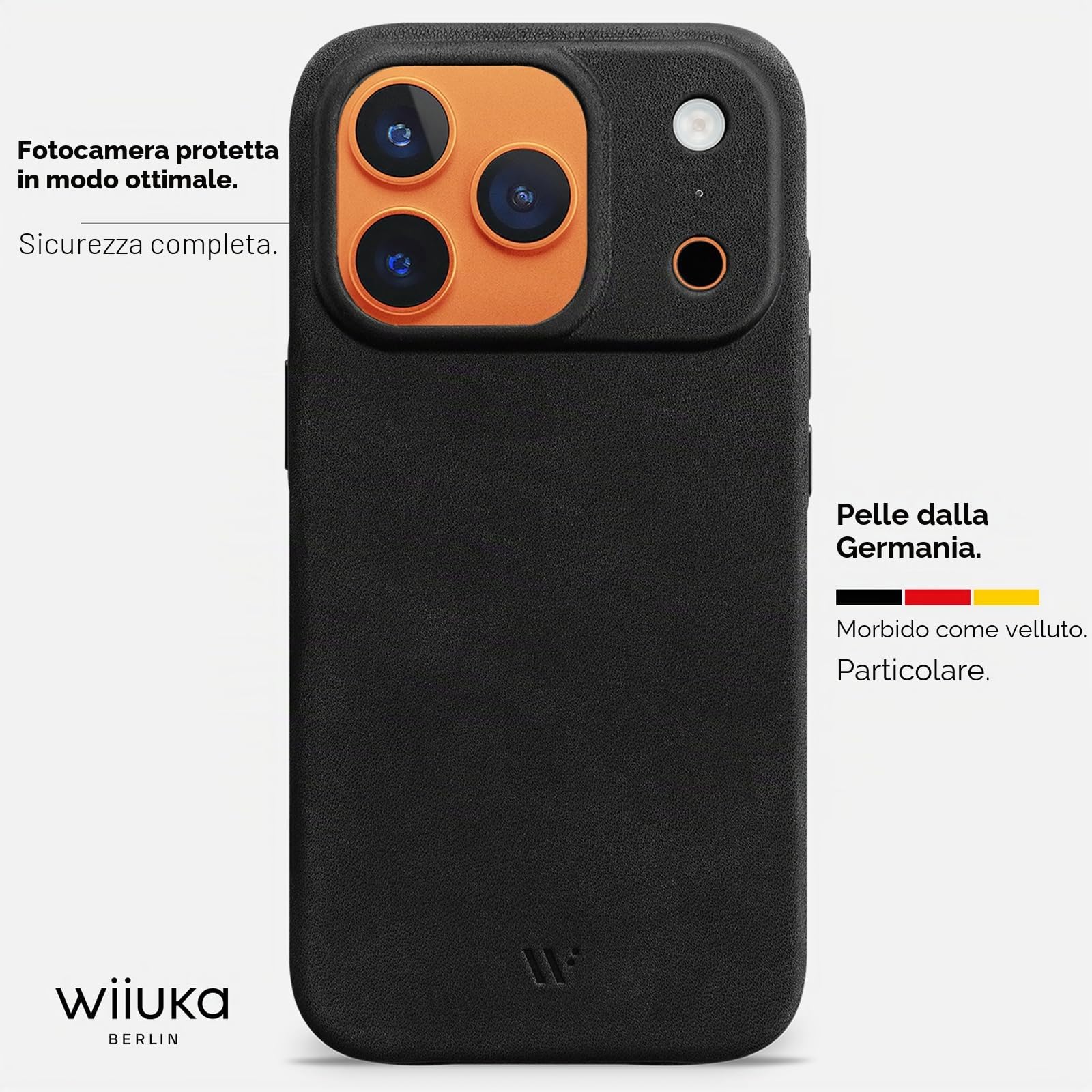 WIIUKA Custodia per iPhone 17 Pro Max, Pelle dalla Germania, Custodia in Pelle Extra Sottile, Custodia Premium per Smartphone, Case, Qi, skiin More, Vintage Nero