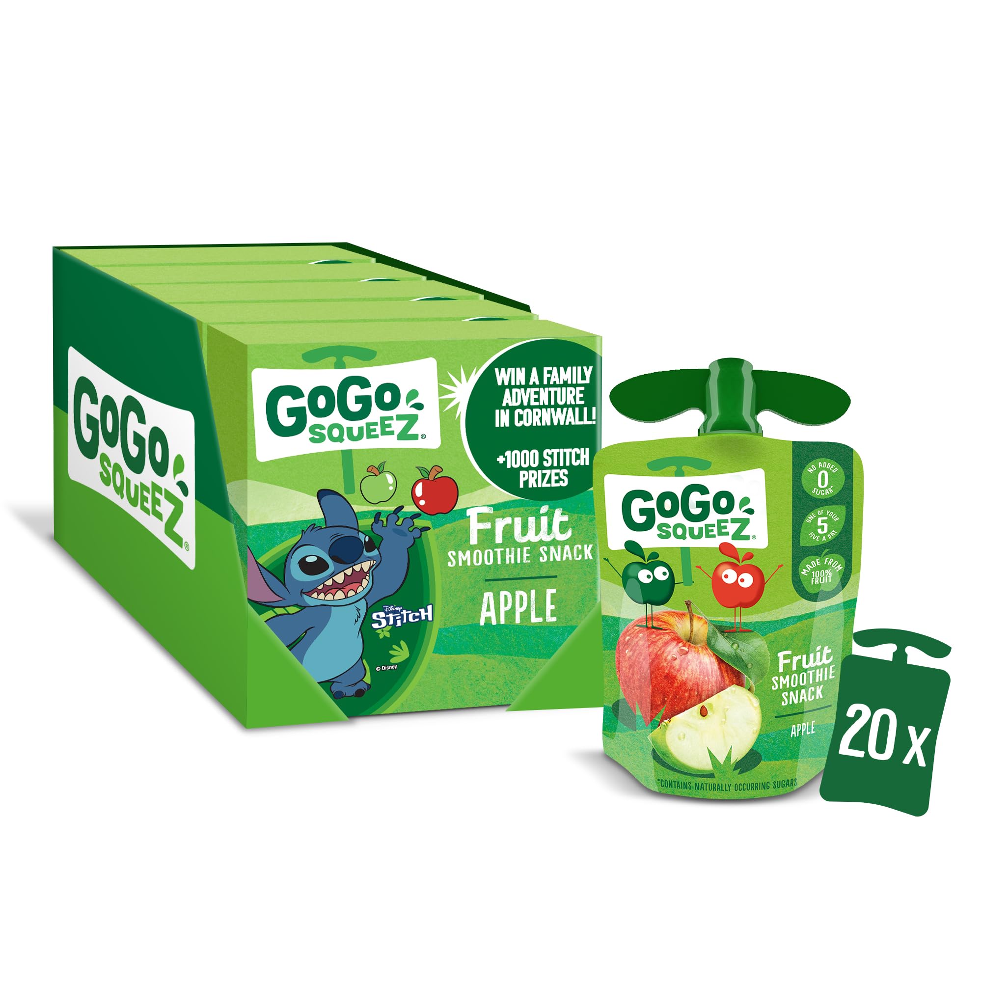 Fruit Smoothie Snack, Apple, 100% Real Fruit Blend, 20 x 90g Pouches, Snack for Kids & Adults, Gluten-Free, Vegan, No Added Sugar, School Lunchbox Friendly, On-the-Go Snacking