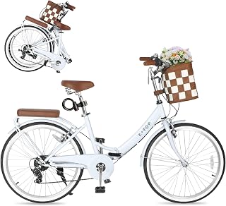 24/26 Inch Folding Beach Cruiser Bike for Women,7 Speed Hybird Commute Bicycles,Womens Bicycle with Basket for Adults, Dual V-Brake and Adjustable Seat
