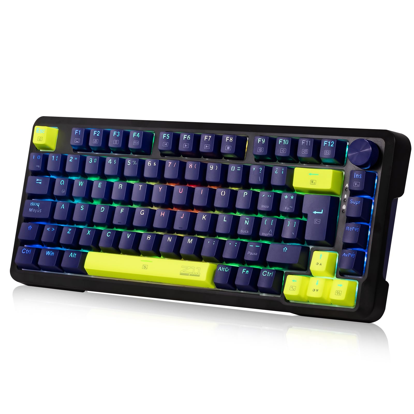 Imagen del producto: TERPORT Z11 Teclado Mecánico Español con Ñ, 75% Gasket Mount con Cable USB-C, Lineal Creamy Hot-swappable Outemu, Perilla Dedicado, RGB Retroiluminación, Software de Macros, 82 Teclas, Azul Marino