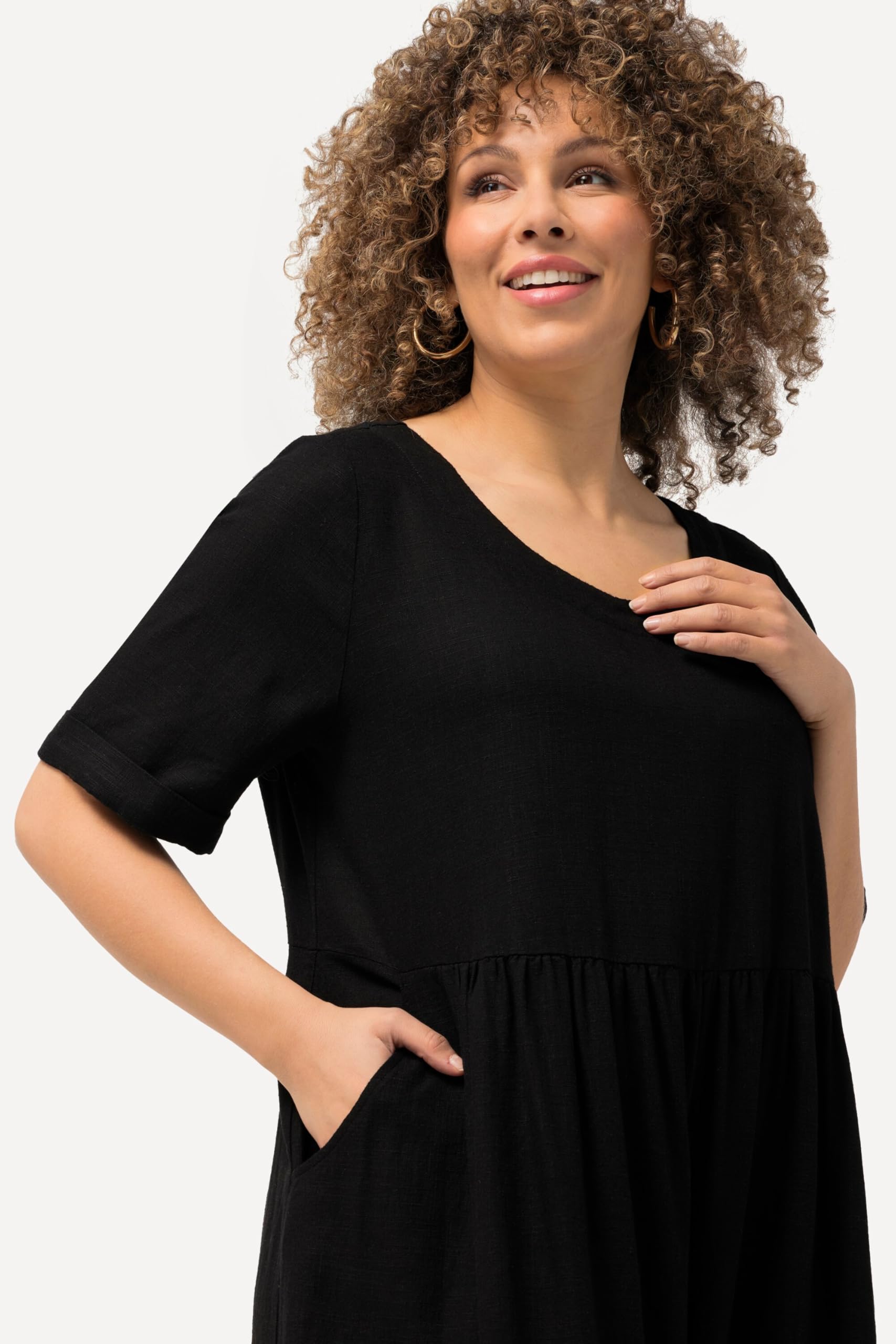 Ulla Popken Damen große Größen Übergrößen Plus Size Kleid, Leinenmix, A-Linie, Rundhals, Halbarm 829837