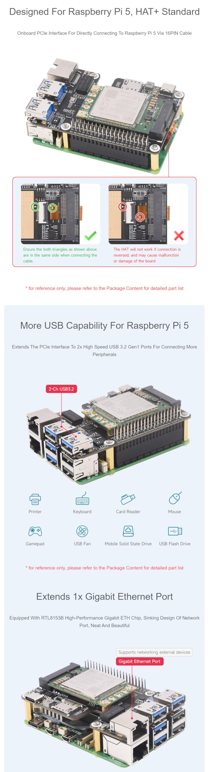 Adaptateur PCIe vers MiniPCIe / RJ45 Gigabit Ethernet/USB 3.2 Gen1 Port HAT pour Raspberry Pi 5 Prise en charge de l'interface MiniPCIe 4G Module réseau haute vitesse pour Raspberry Pi 5 HAT