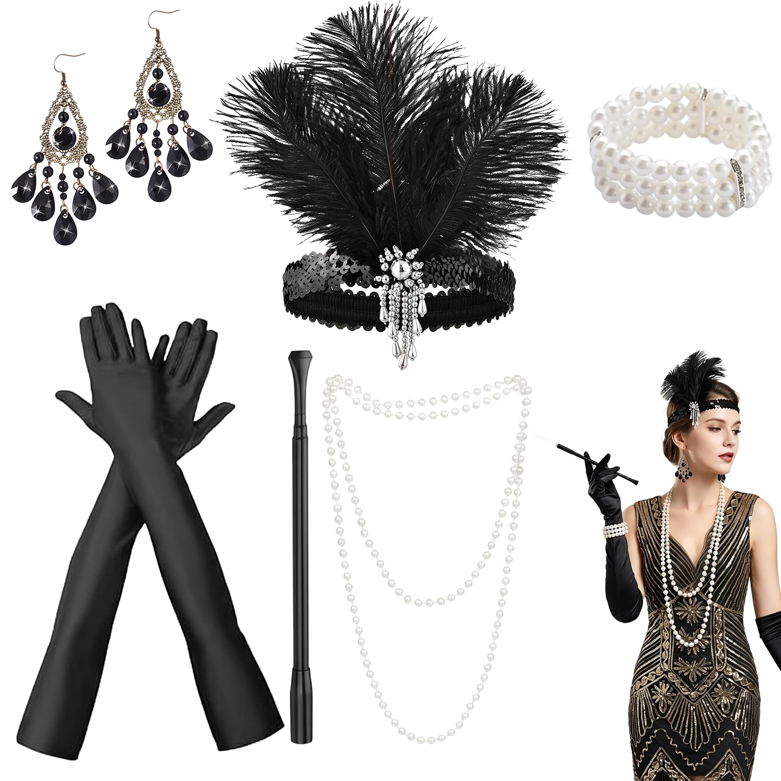 HotoPink 1920s Gatsby Set, Vintage Flapper Costume Accessories for Women