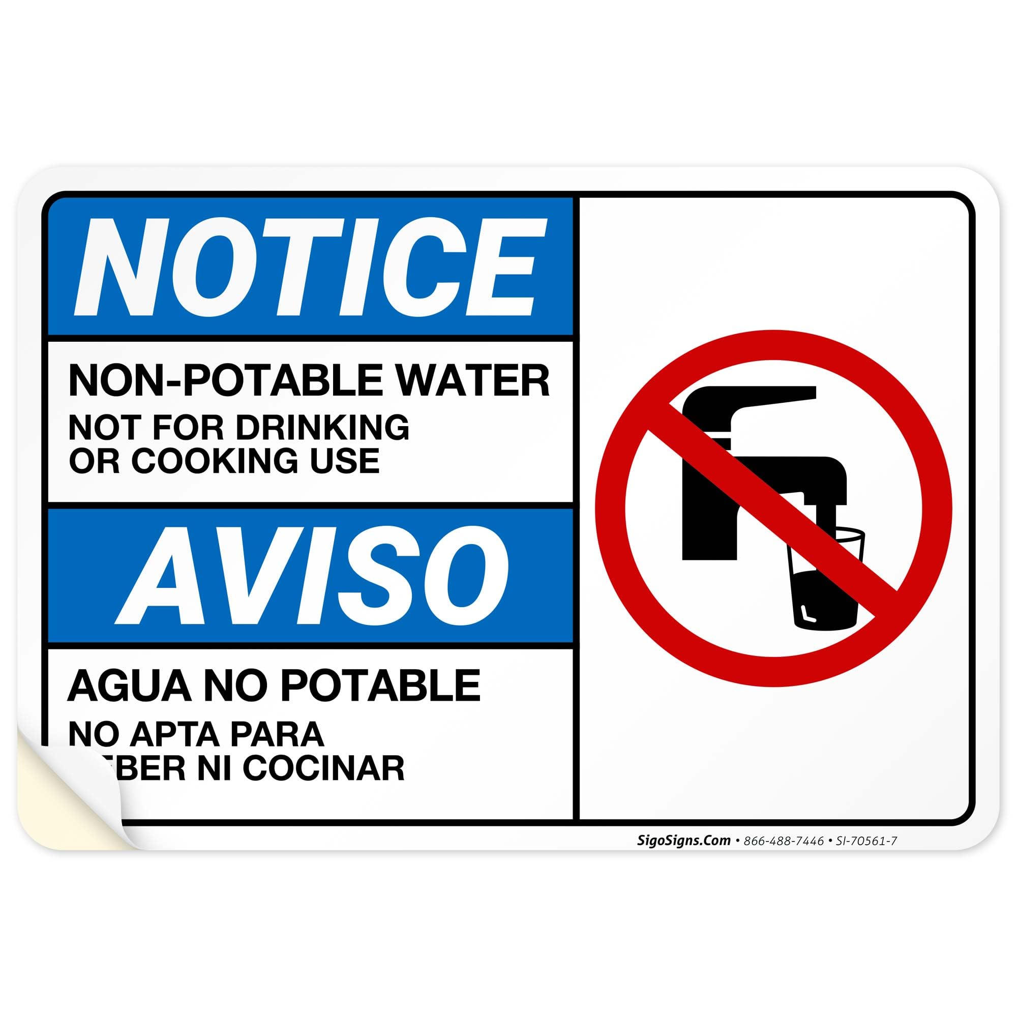 Notice Non Potable Water Not for Drinking Or Cooking Use Bilingual with Graphic Sign, 10x7 Inches, 4 Mil Vinyl Decal Stickers Weather Resistant, Made